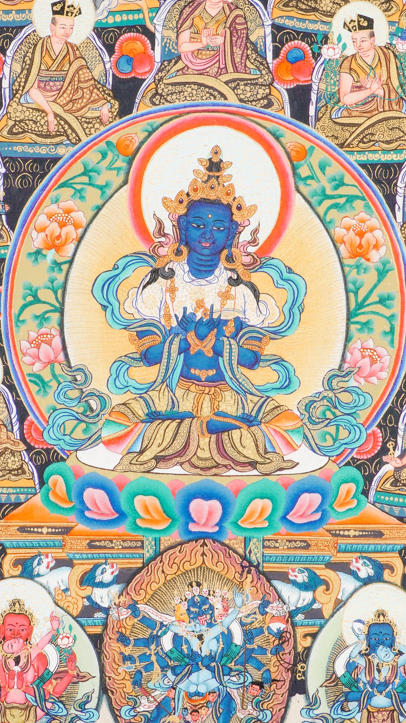 Large traditional Tibetan thangka depicting a detailed Buddhist cosmological assembly, with Vajradhara at the center surrounded by numerous Buddhas, bodhisattvas, lineage masters, and symbolic figures arranged in a complex, symmetrical composition.