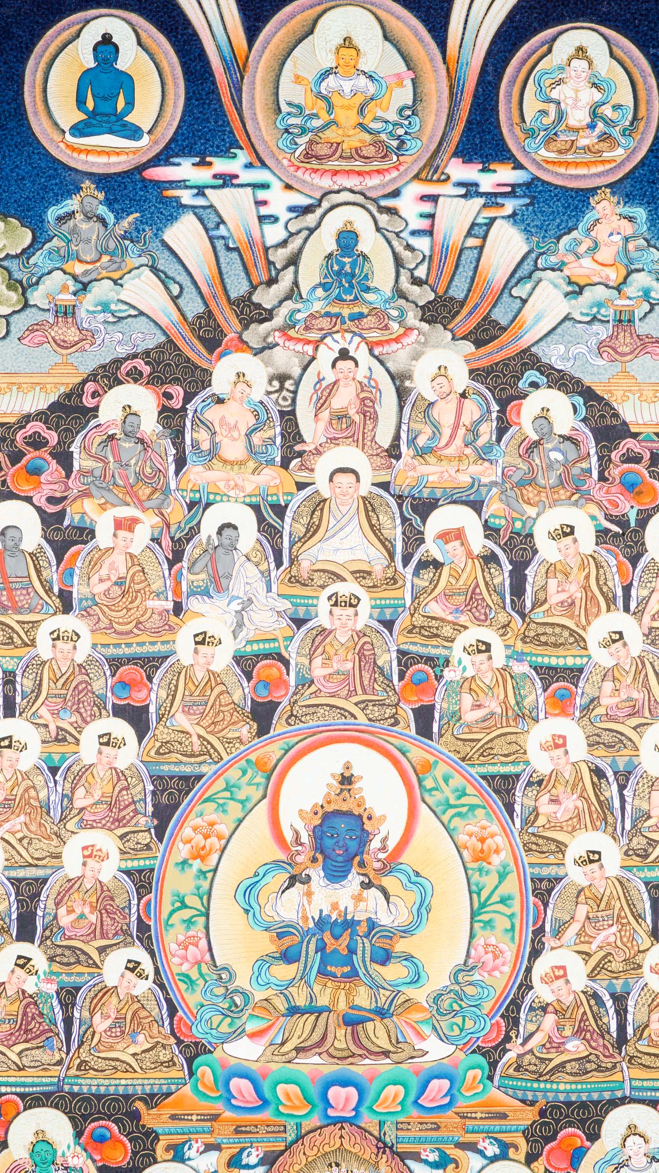 Large traditional Tibetan thangka depicting a detailed Buddhist cosmological assembly, with Vajradhara at the center surrounded by numerous Buddhas, bodhisattvas, lineage masters, and symbolic figures arranged in a complex, symmetrical composition.