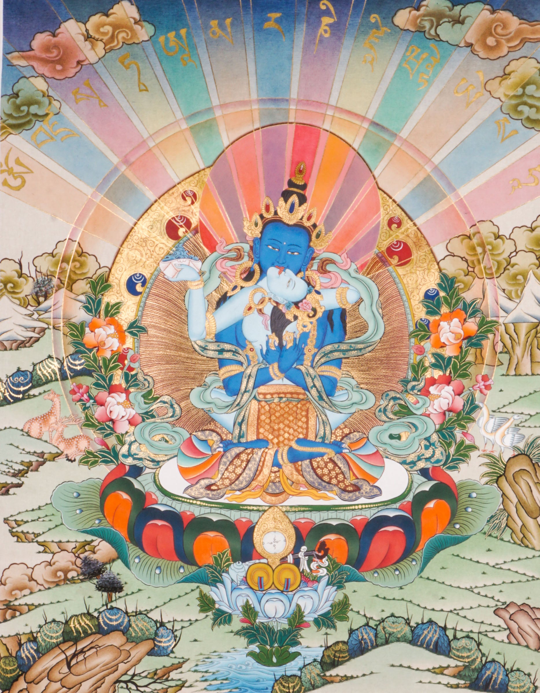 Traditional Tibetan thangka painting depicting Vajradhara Shakti in union, shown as a blue deity seated on a lotus throne with a consort, surrounded by radiant rays, clouds, floral motifs, and a symbolic landscape.