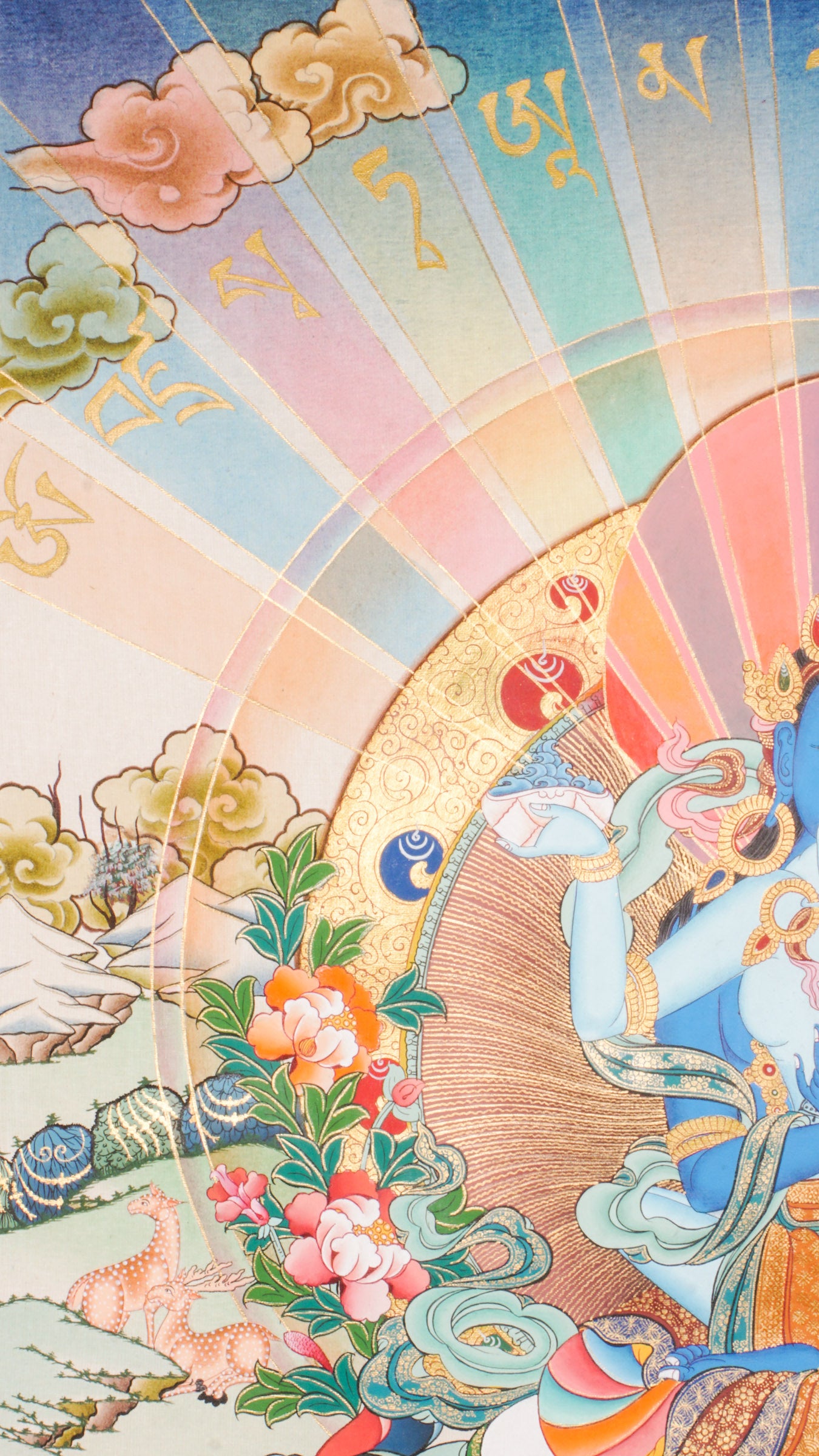 Traditional Tibetan thangka painting depicting Vajradhara Shakti in union, shown as a blue deity seated on a lotus throne with a consort, surrounded by radiant rays, clouds, floral motifs, and a symbolic landscape.