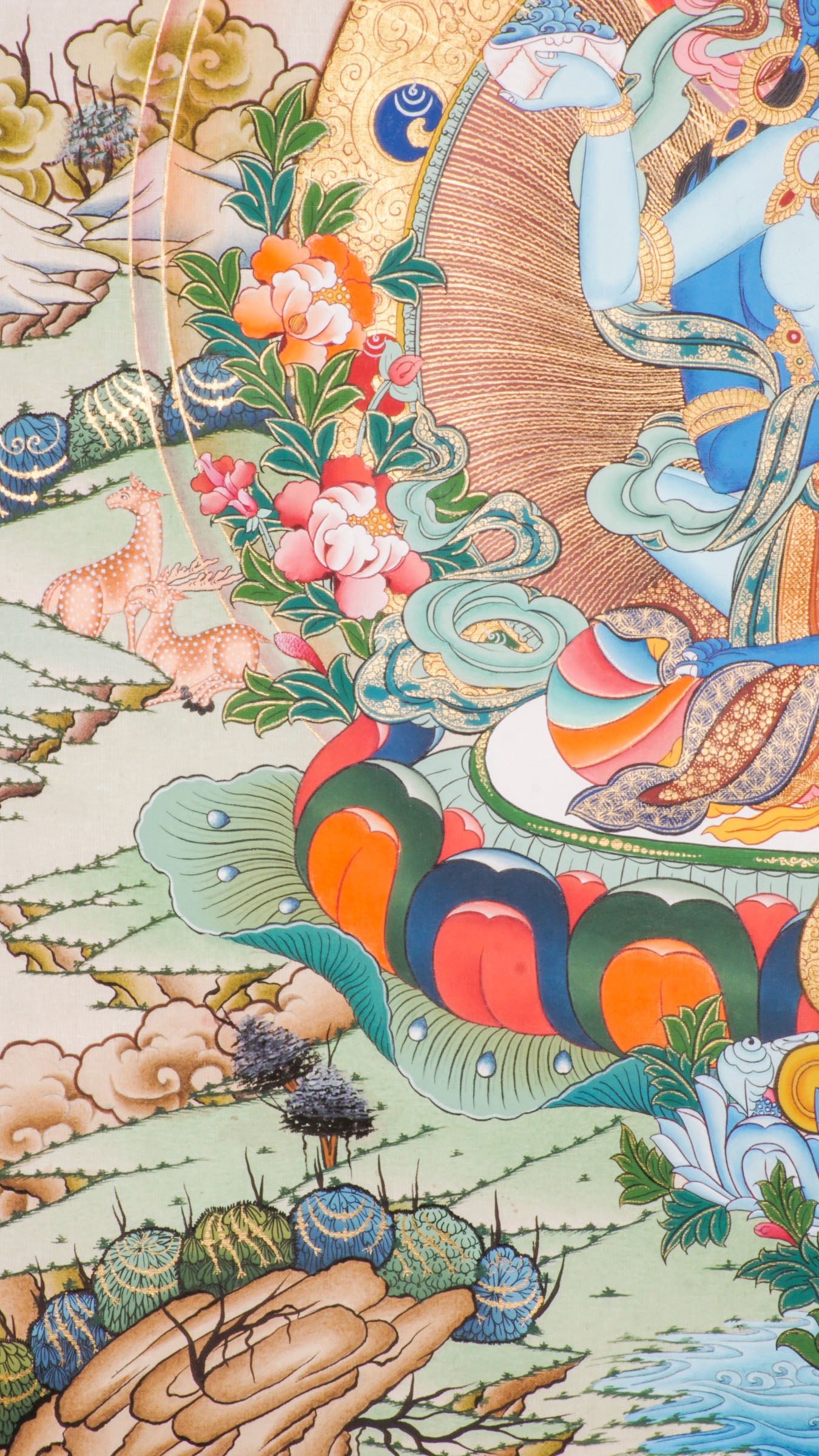 Traditional Tibetan thangka painting depicting Vajradhara Shakti in union, shown as a blue deity seated on a lotus throne with a consort, surrounded by radiant rays, clouds, floral motifs, and a symbolic landscape.