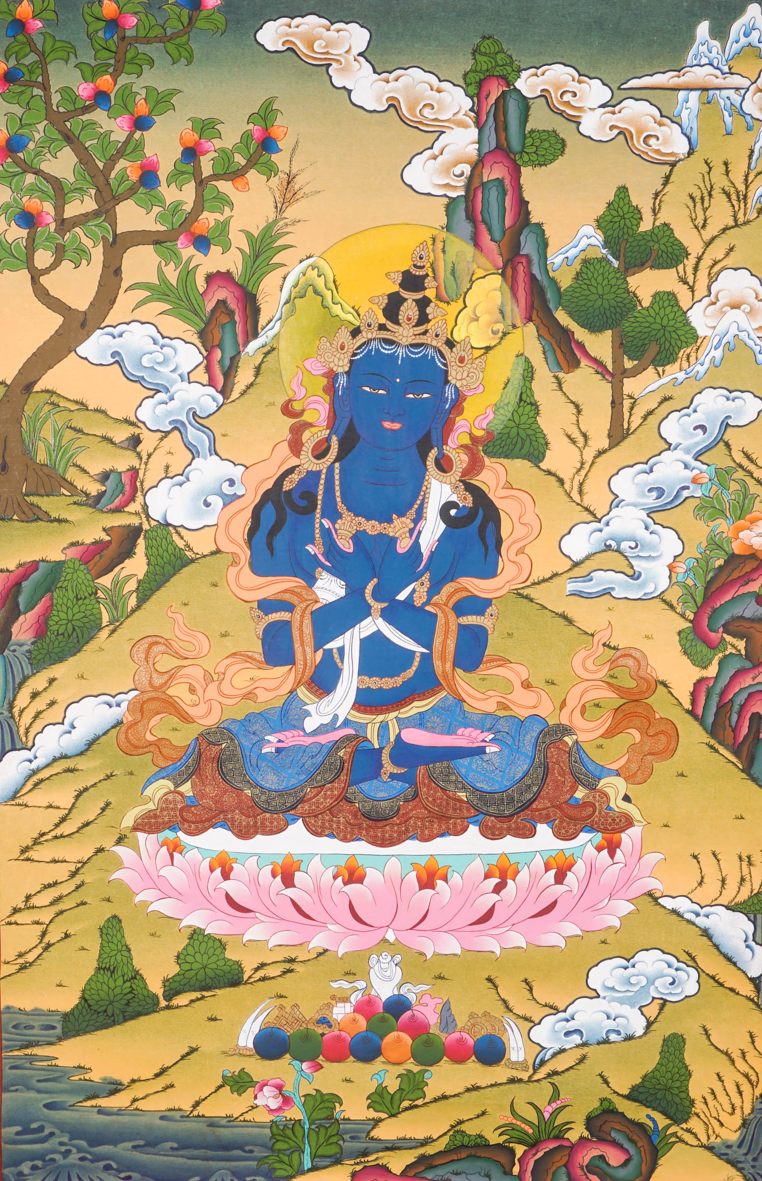 Traditional Tibetan thangka painting depicting Vajradhara, a blue-skinned primordial Buddha seated in meditation on a lotus throne, holding ritual symbols, with clouds, mountains, and a serene natural landscape in the background.