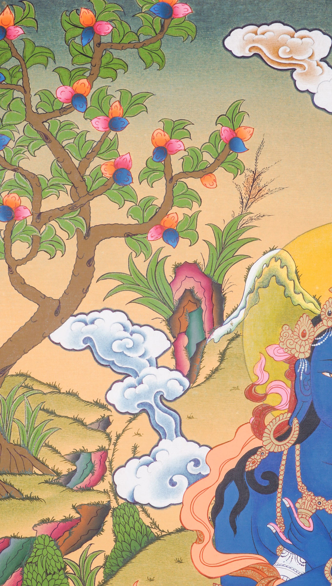 Traditional Tibetan thangka painting depicting Vajradhara, a blue-skinned primordial Buddha seated in meditation on a lotus throne, holding ritual symbols, with clouds, mountains, and a serene natural landscape in the background.