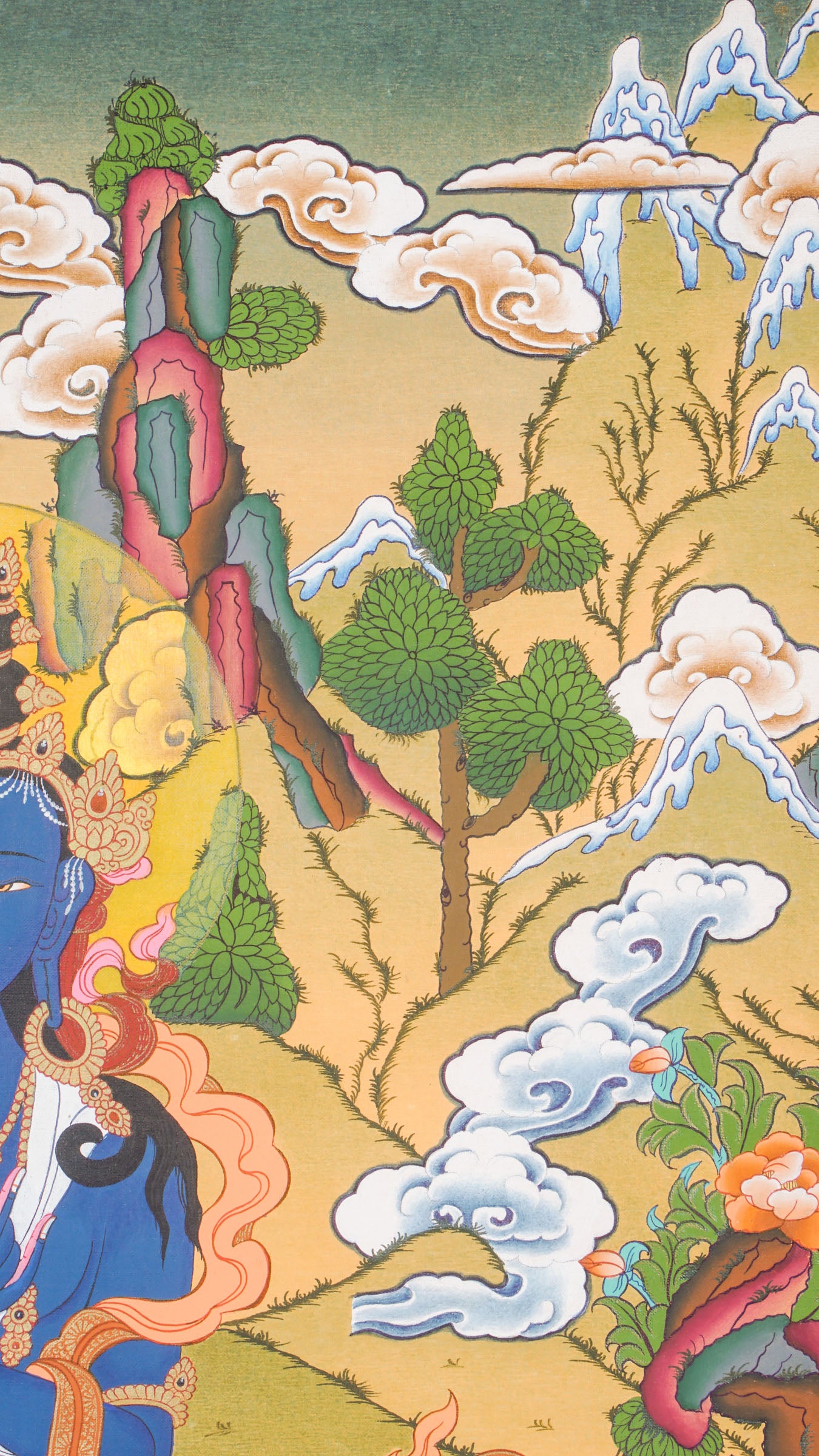 Traditional Tibetan thangka painting depicting Vajradhara, a blue-skinned primordial Buddha seated in meditation on a lotus throne, holding ritual symbols, with clouds, mountains, and a serene natural landscape in the background.