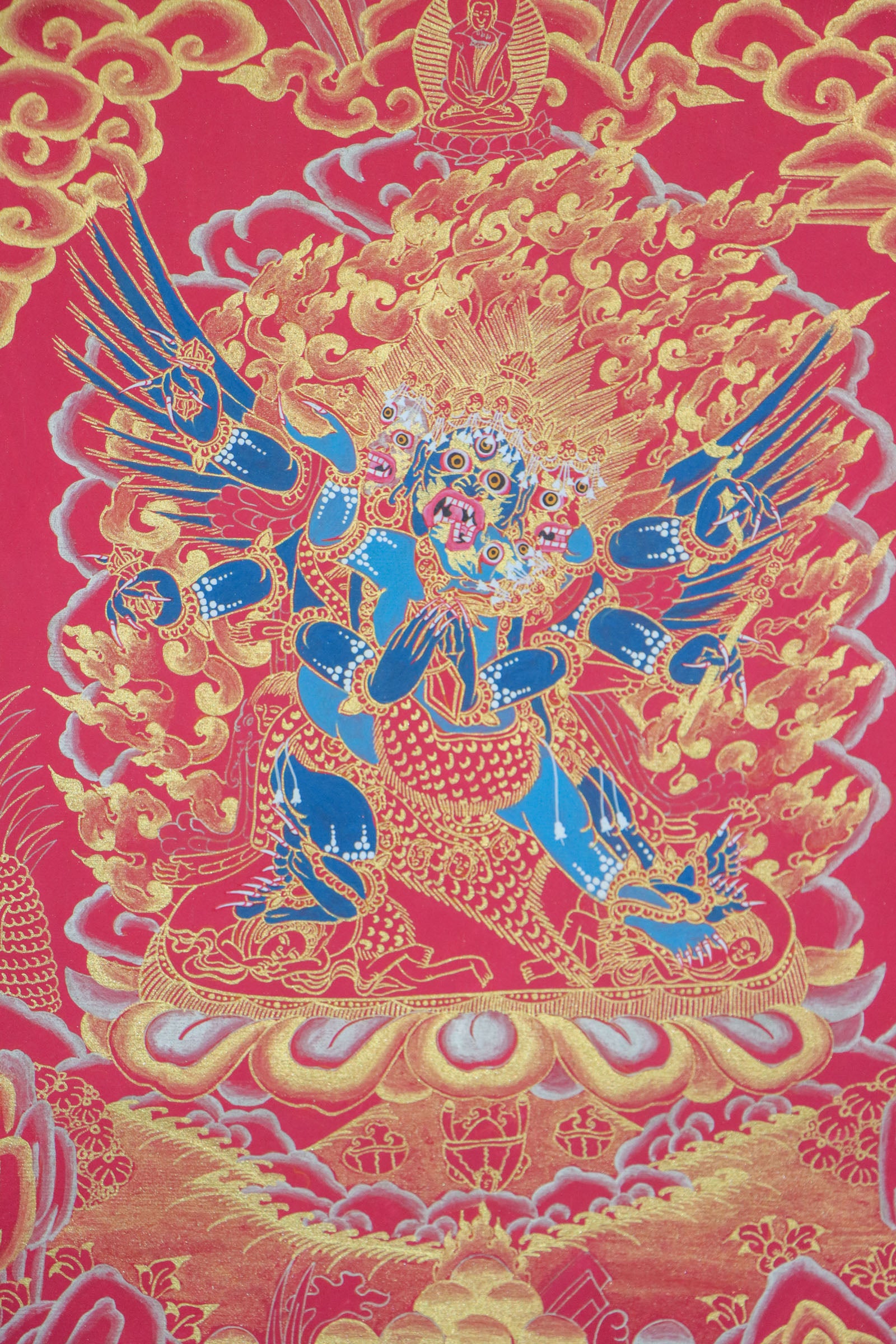 This Tibetan Thangka of Vajrakilaya, the wrathful form of Vajrasattva, symbolizes the removal of spiritual obstacles and protection of the Dharma. Fierce and powerful, this genuine Thangka embodies enlightened energy through intricate detail and traditional Buddhist symbolism.