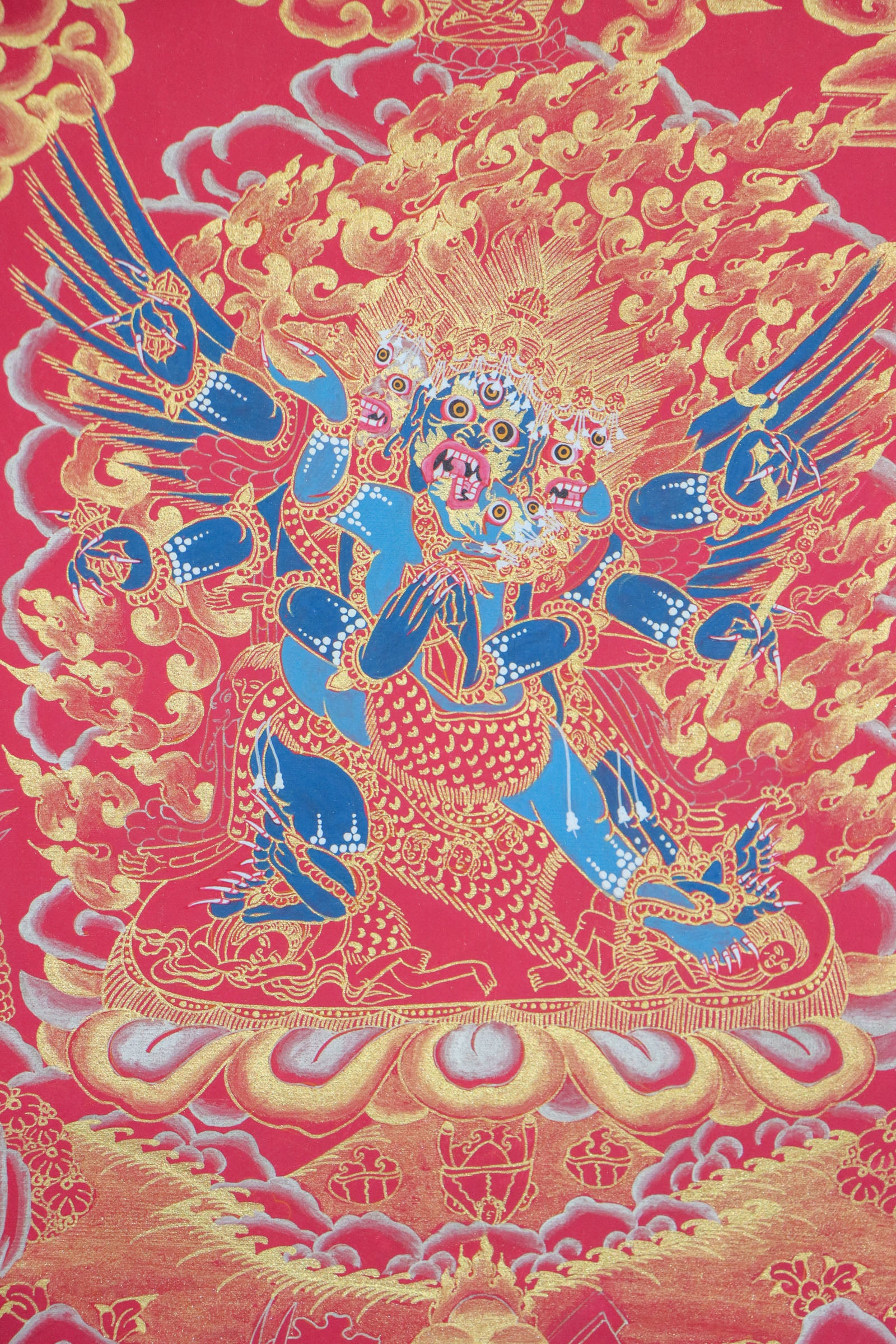 This Tibetan Thangka of Vajrakilaya, the wrathful form of Vajrasattva, symbolizes the removal of spiritual obstacles and protection of the Dharma. Fierce and powerful, this genuine Thangka embodies enlightened energy through intricate detail and traditional Buddhist symbolism.