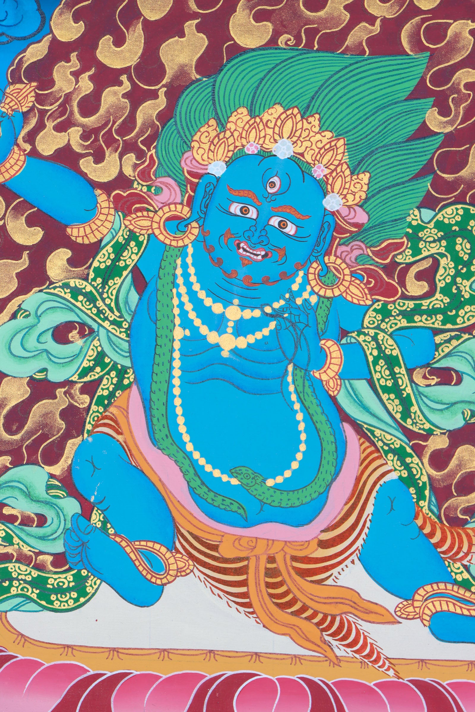Vajrapani symbolizes enlightened power and protection, helping practitioners develop strength and overcome obstacles. This hand-painted Thangka captures his fierce energy with natural pigments and traditional craftsmanship, making it a powerful tool for meditation and spiritual focus.