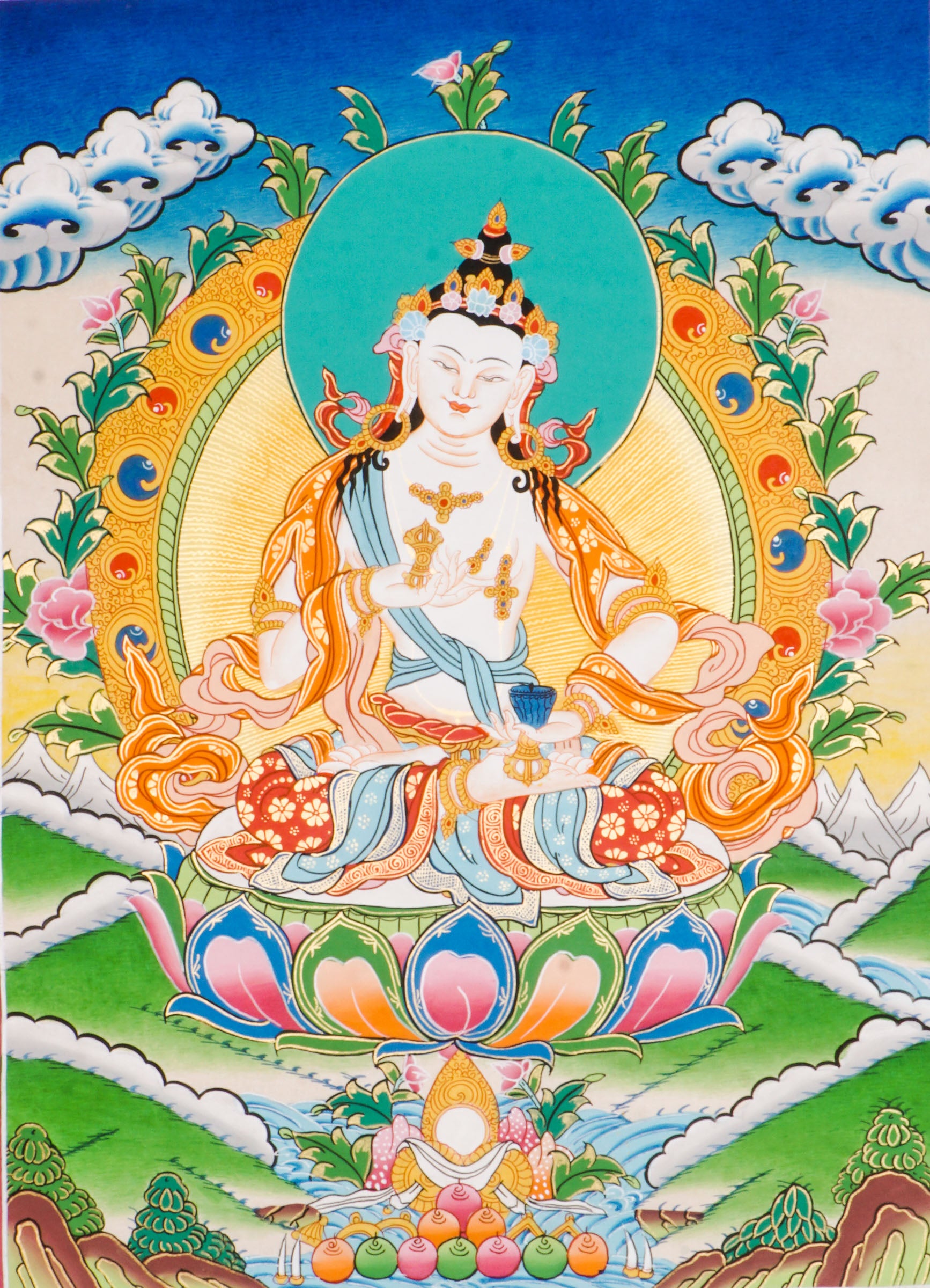 A sacred hand-painted Vajrasattva Thangka beautifully seated in a lotus throne.