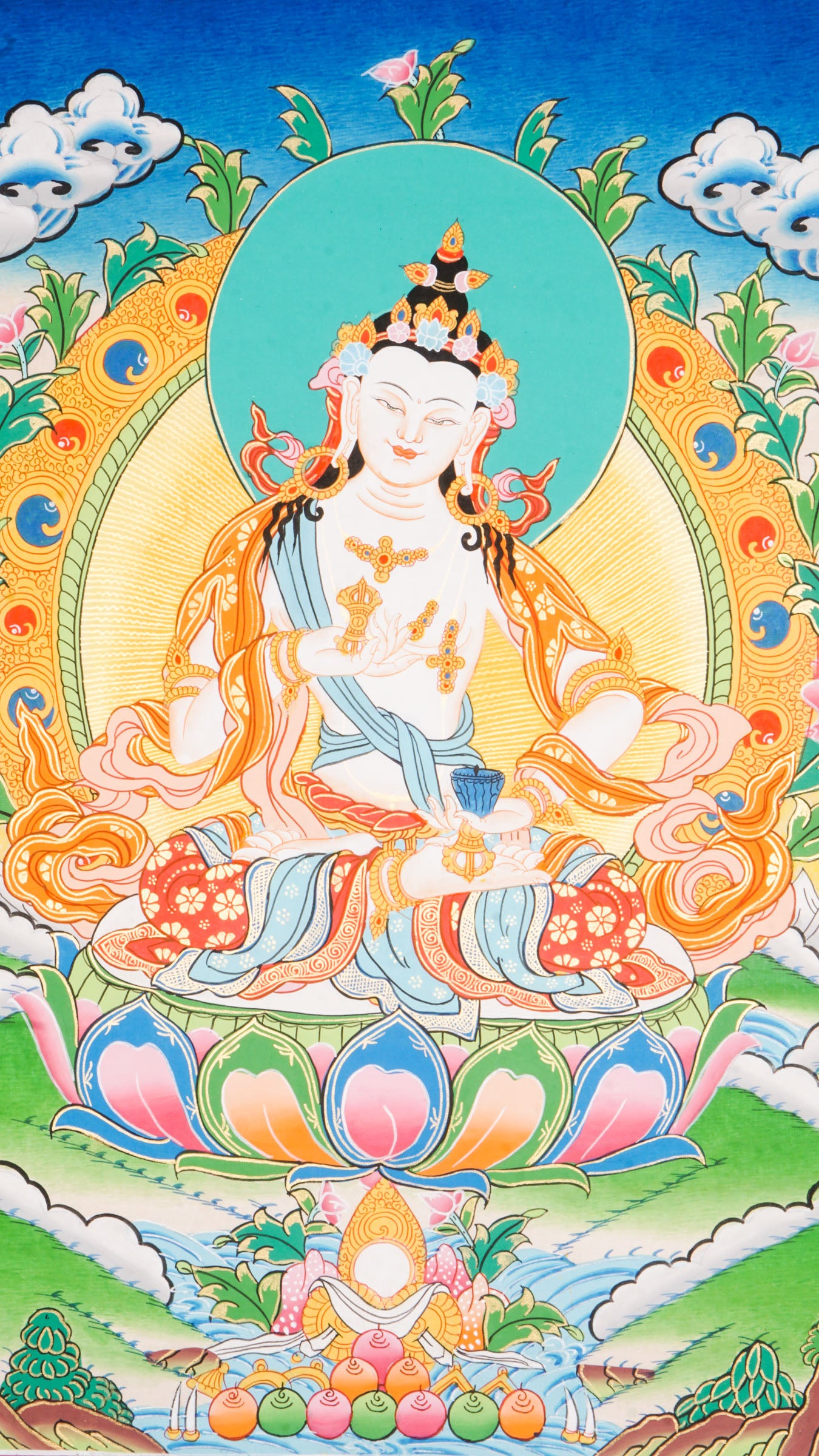 A sacred hand-painted Vajrasattva Thangka beautifully seated in a lotus throne.