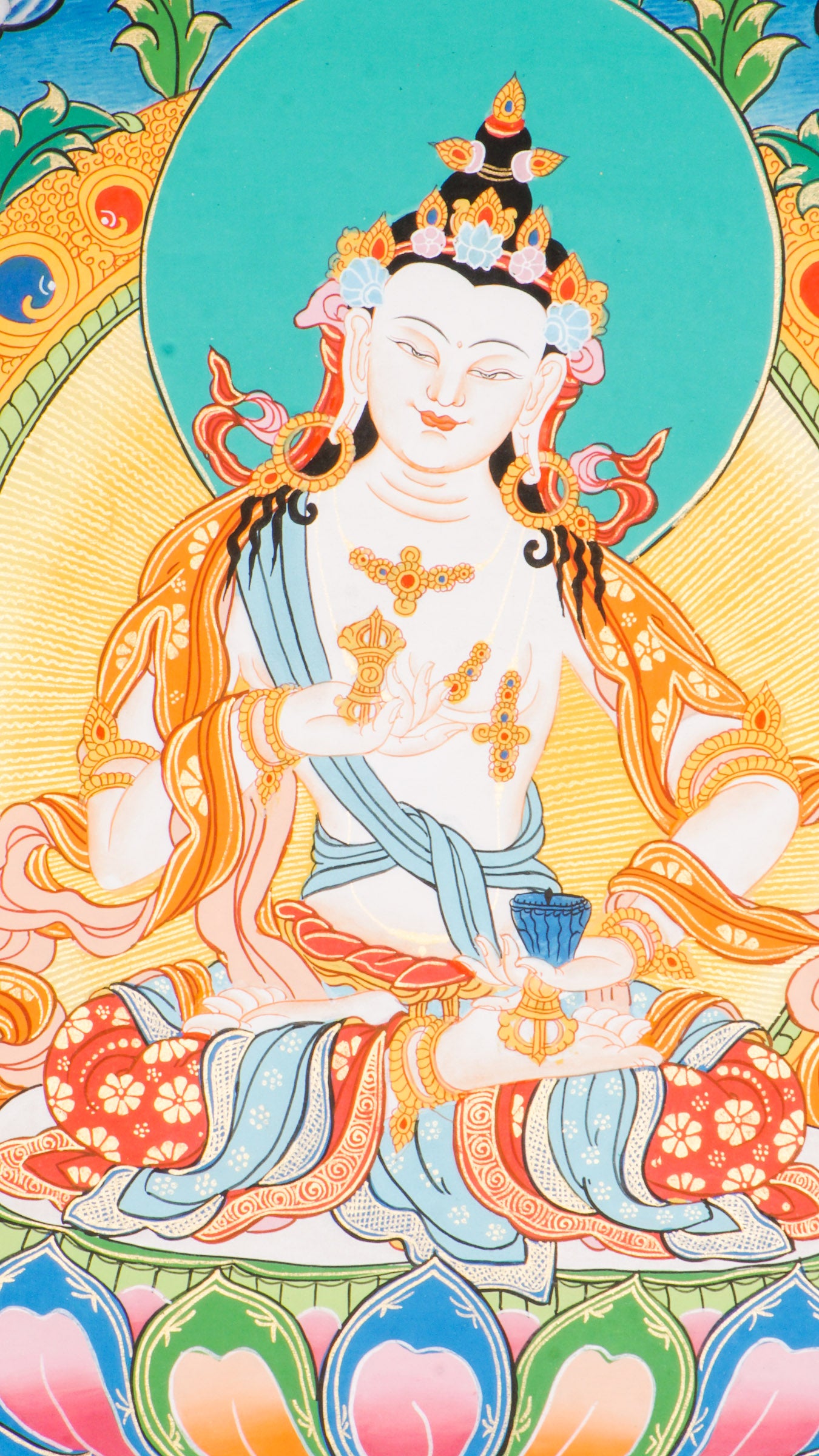 A sacred hand-painted Vajrasattva Thangka beautifully seated in a lotus throne.
