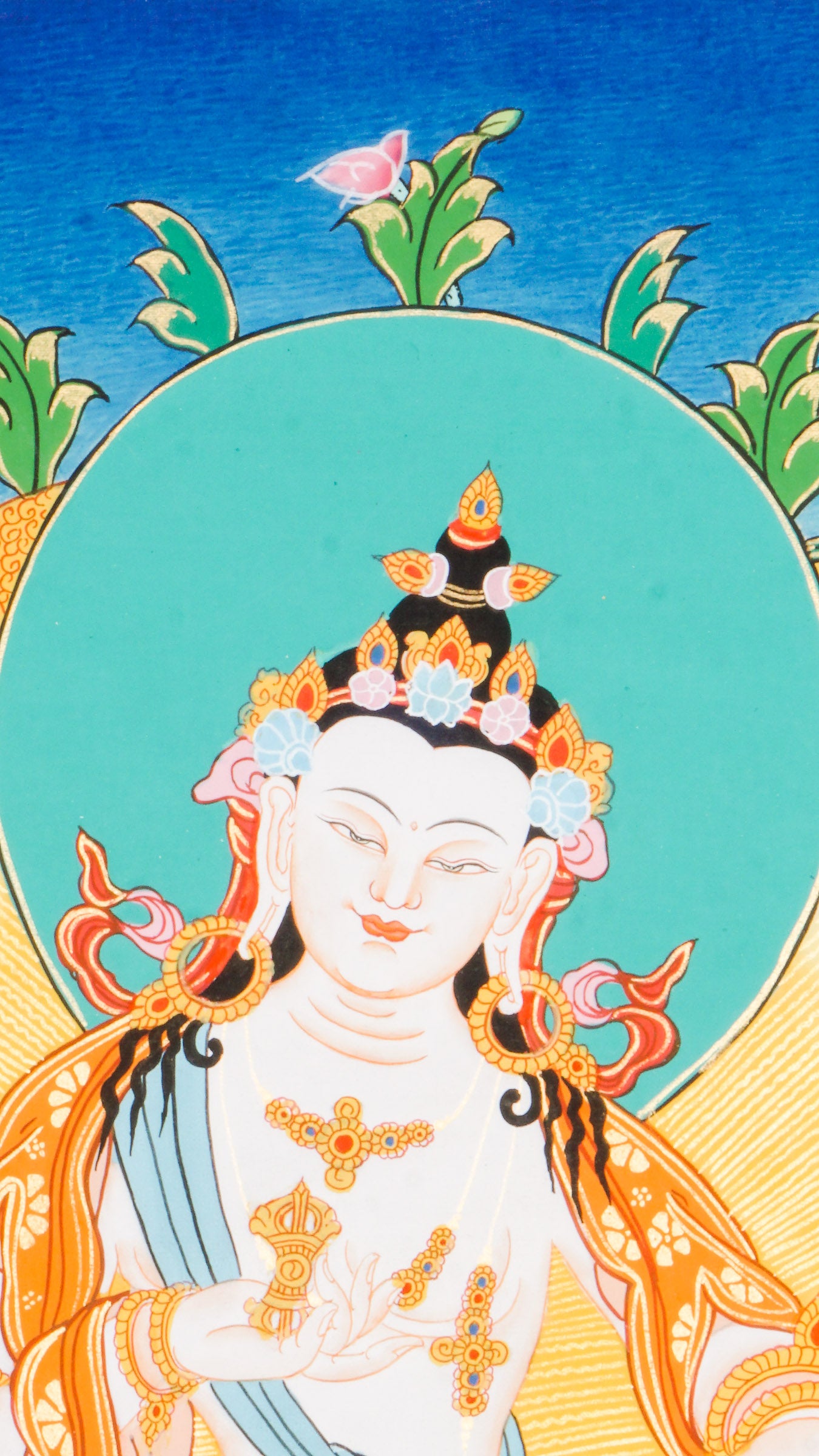A sacred hand-painted Vajrasattva Thangka beautifully seated in a lotus throne.