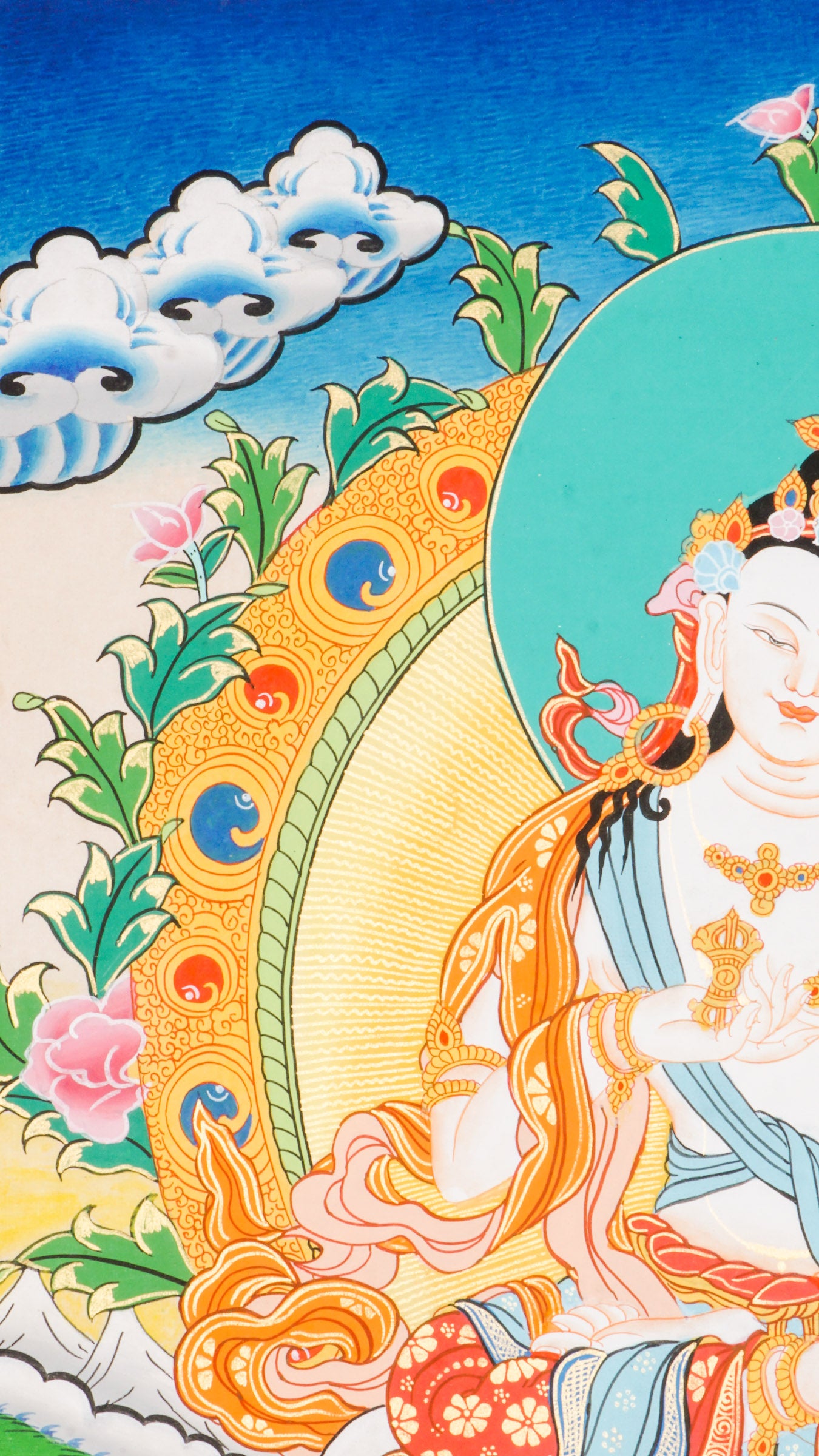 A sacred hand-painted Vajrasattva Thangka beautifully seated in a lotus throne.