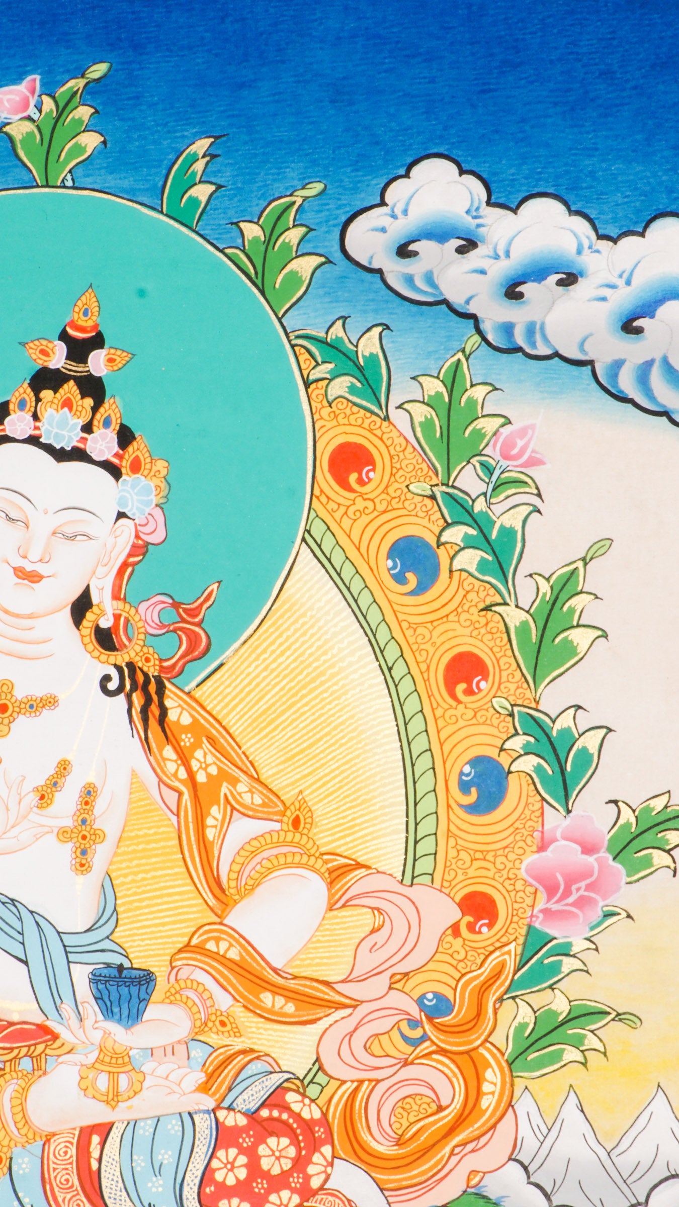 A sacred hand-painted Vajrasattva Thangka beautifully seated in a lotus throne.