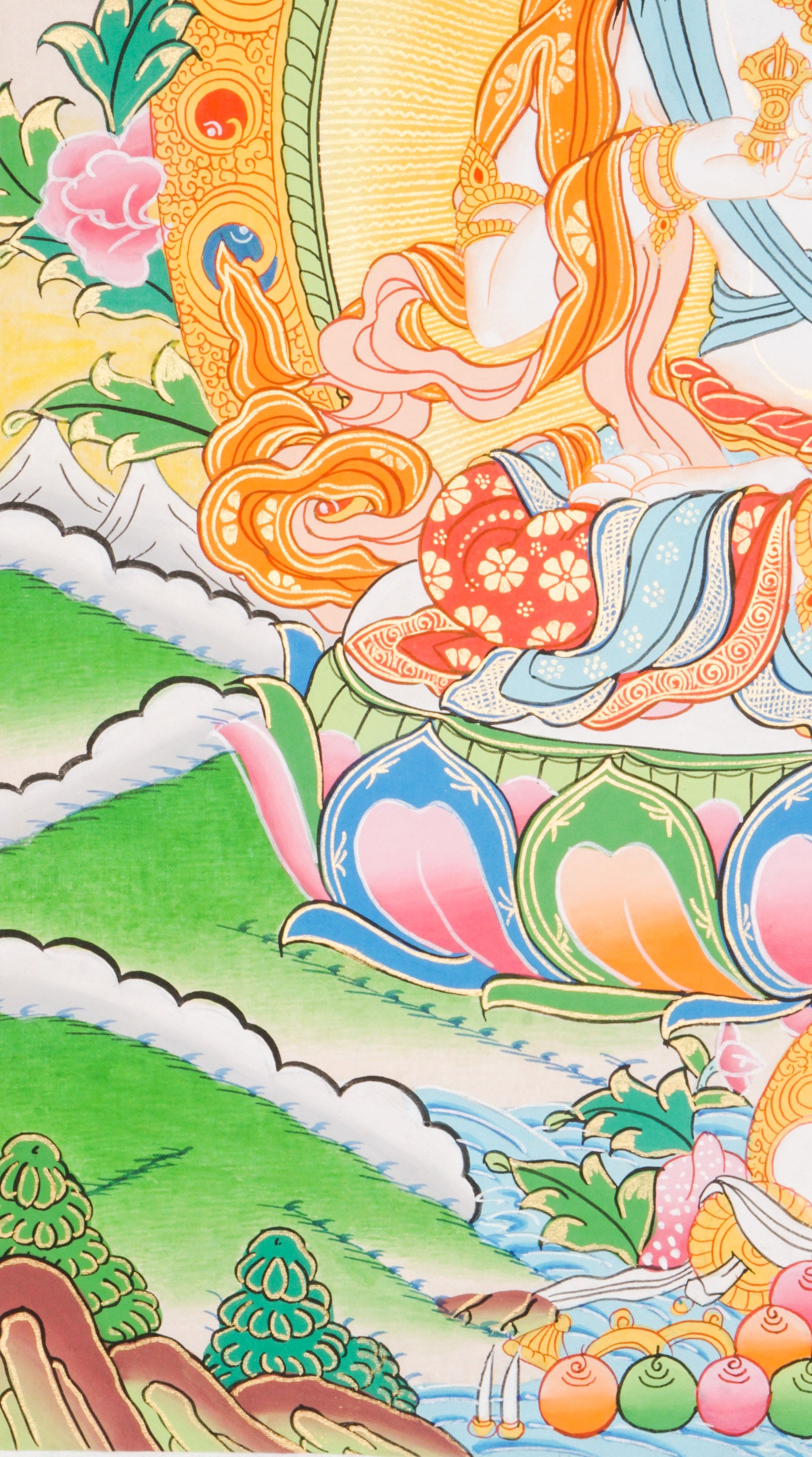 A sacred hand-painted Vajrasattva Thangka beautifully seated in a lotus throne.