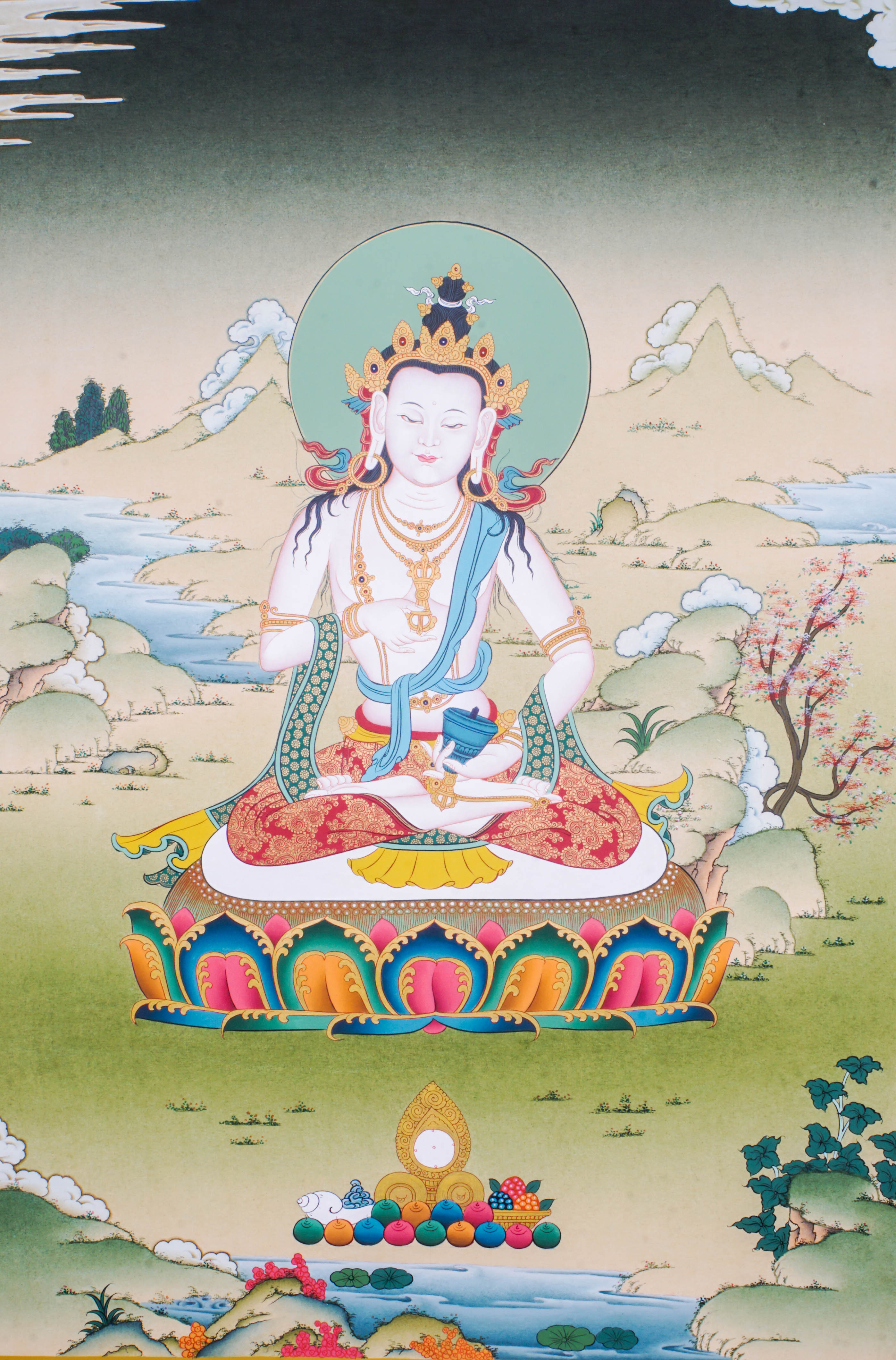 The Vajrasattva Thangka Painting symbolizes purification in Tibetan Buddhism, uniting wisdom and compassion through detailed, hand-painted artistry. A powerful piece for spiritual clarity and cleansing.