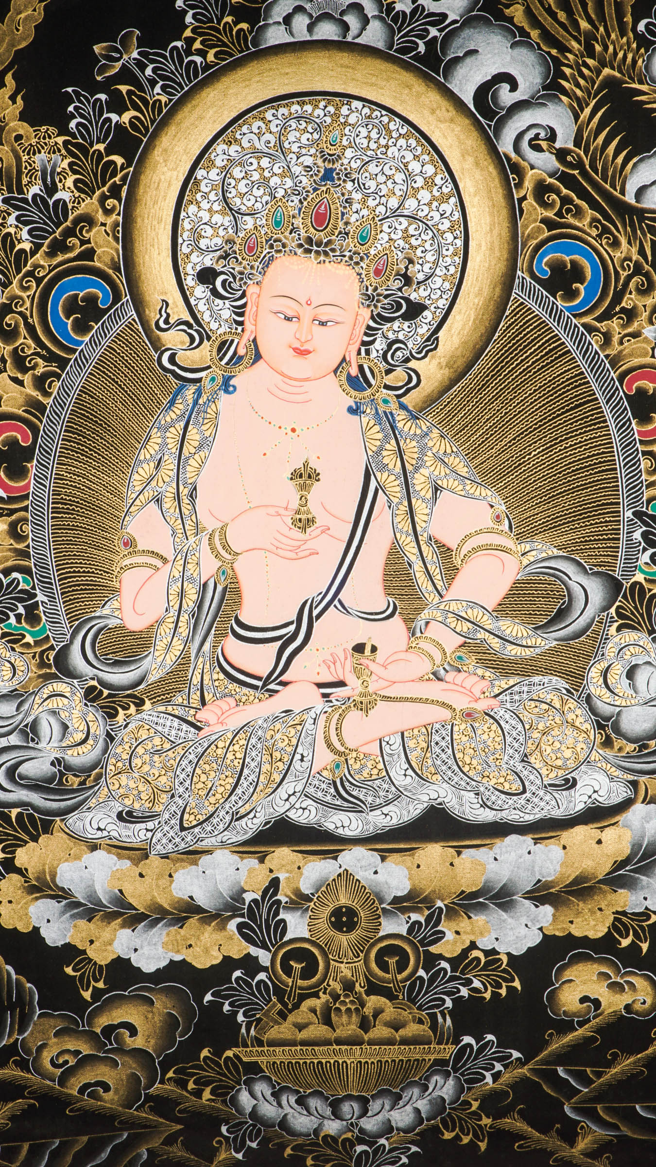 A beautifully hand-painted artwork of Vajrasattva Thangka, the Buddha of compassion seated on a lotus throne holding vajra and bell.