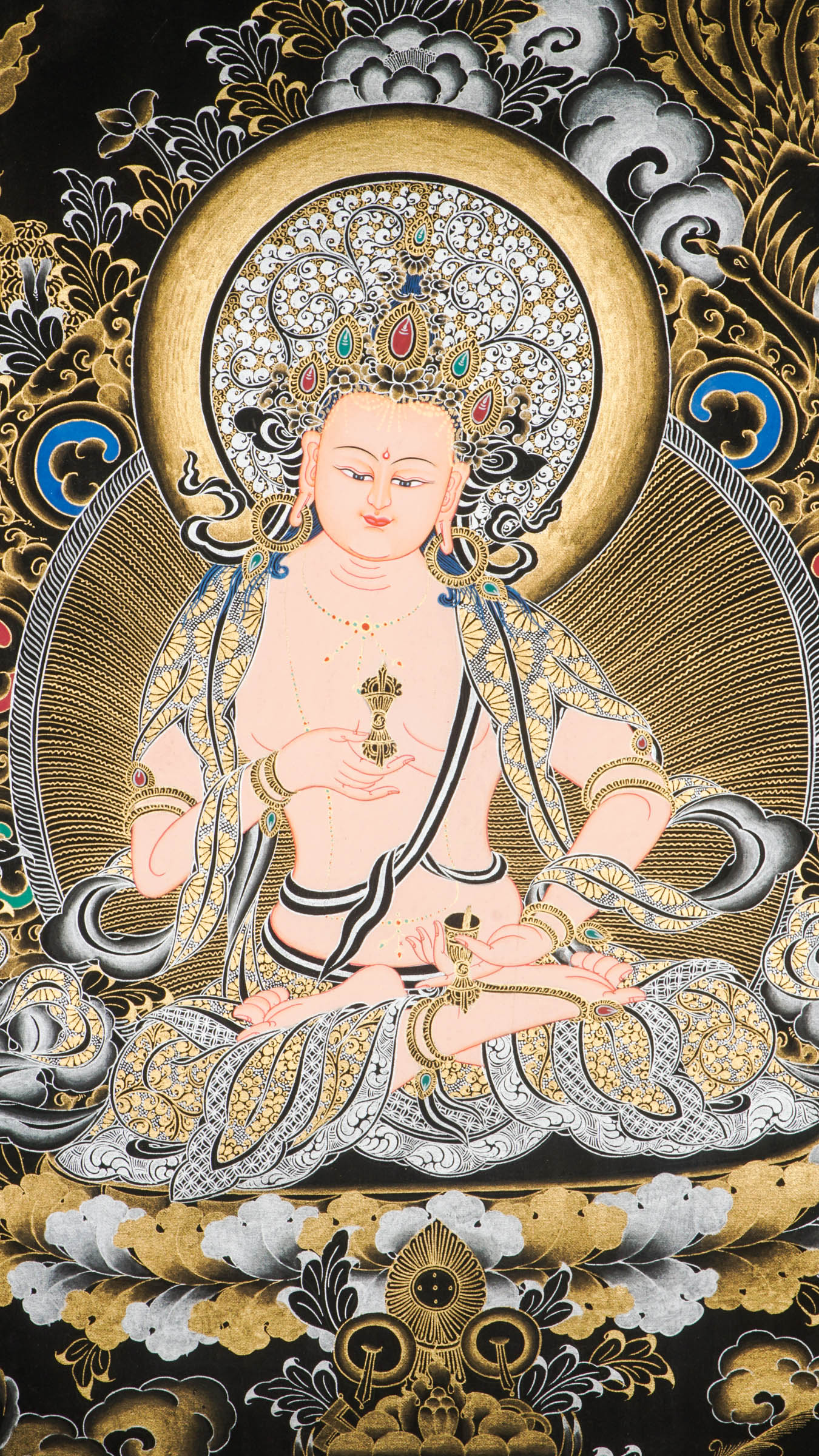 A beautifully hand-painted artwork of Vajrasattva Thangka, the Buddha of compassion seated on a lotus throne holding vajra and bell.