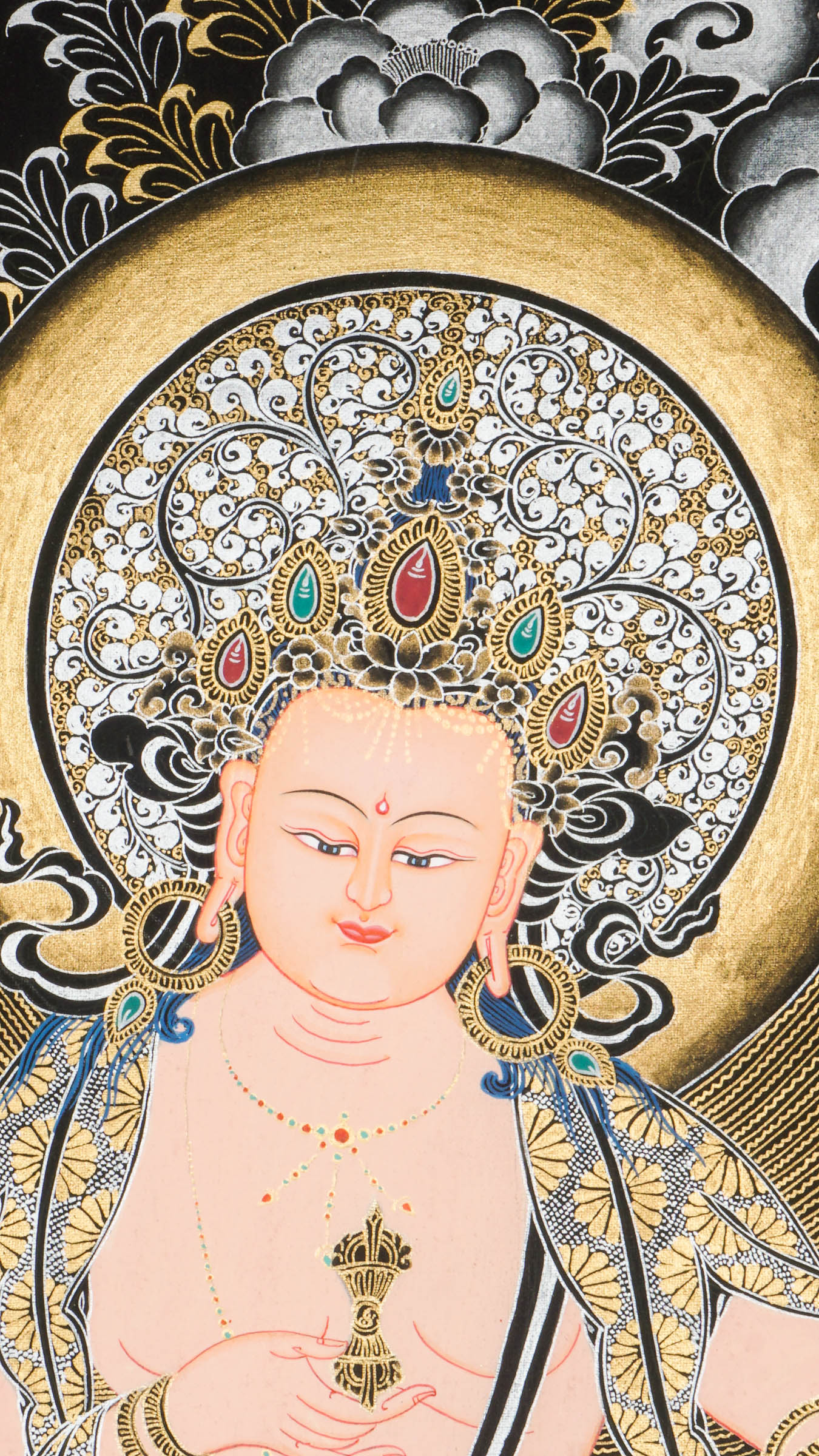 A beautifully hand-painted artwork of Vajrasattva Thangka, the Buddha of compassion seated on a lotus throne holding vajra and bell.