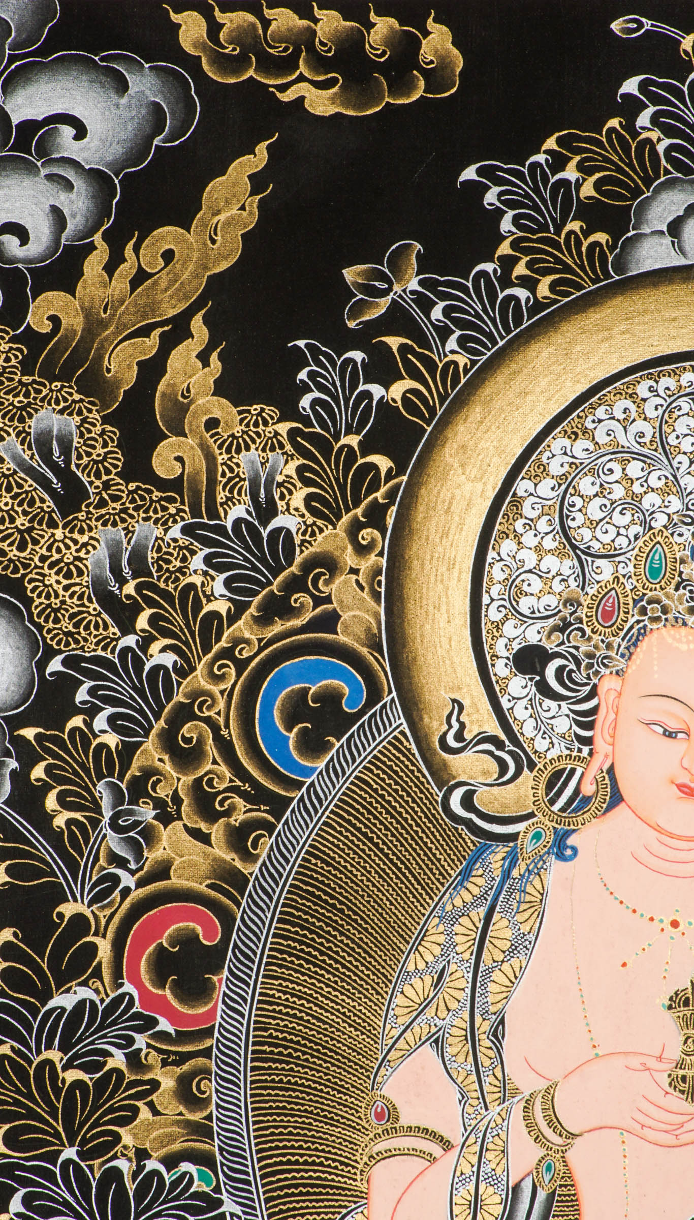 A beautifully hand-painted artwork of Vajrasattva Thangka, the Buddha of compassion seated on a lotus throne holding vajra and bell.