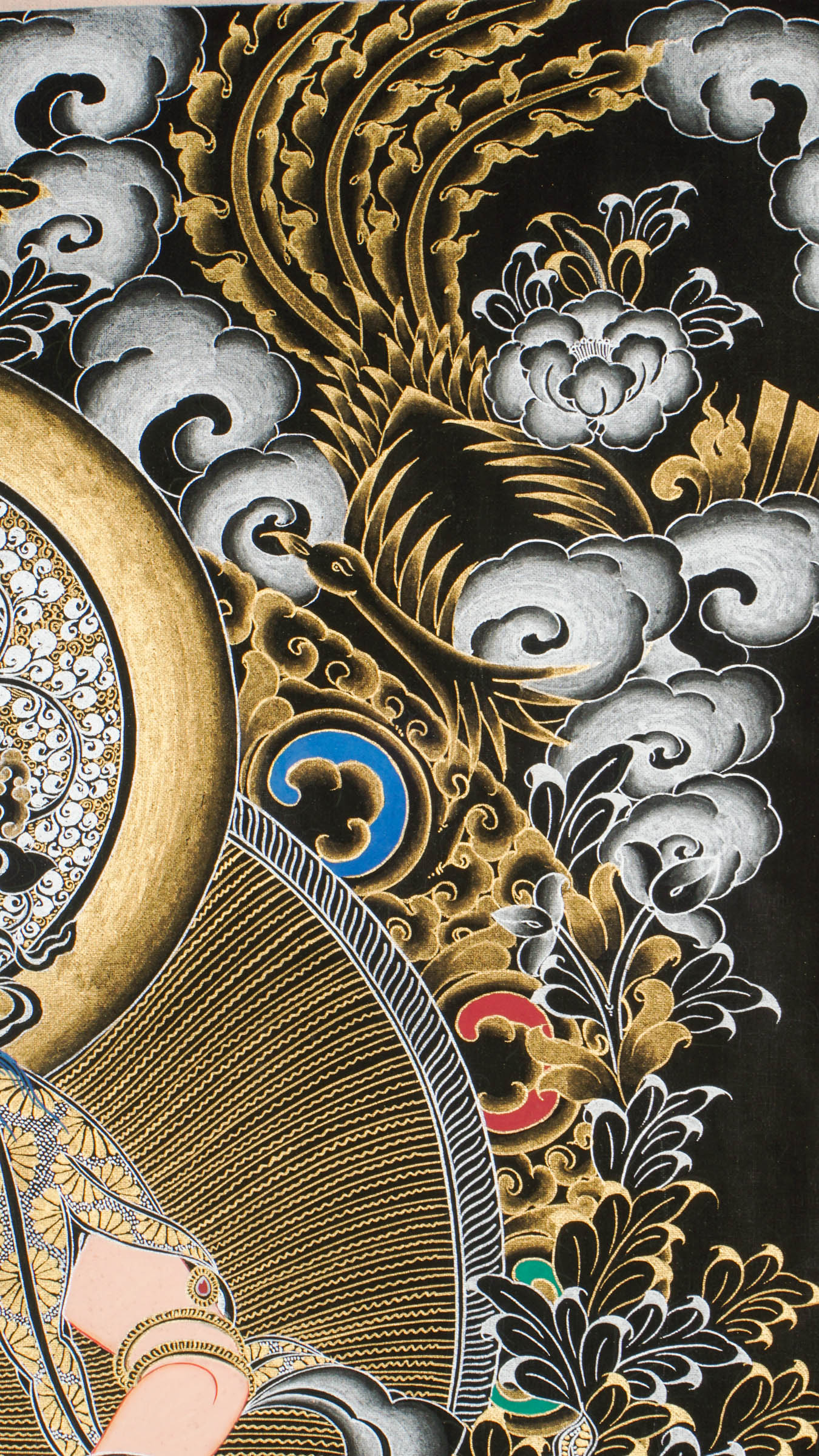 A beautifully hand-painted artwork of Vajrasattva Thangka, the Buddha of compassion seated on a lotus throne holding vajra and bell.