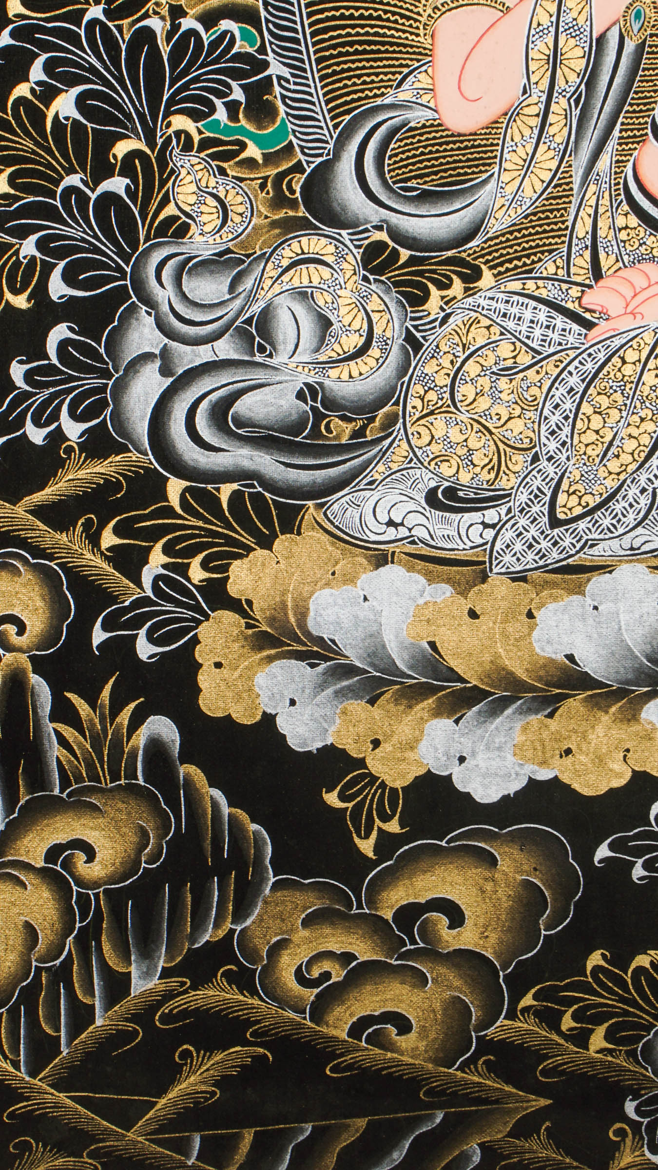 A beautifully hand-painted artwork of Vajrasattva Thangka, the Buddha of compassion seated on a lotus throne holding vajra and bell.