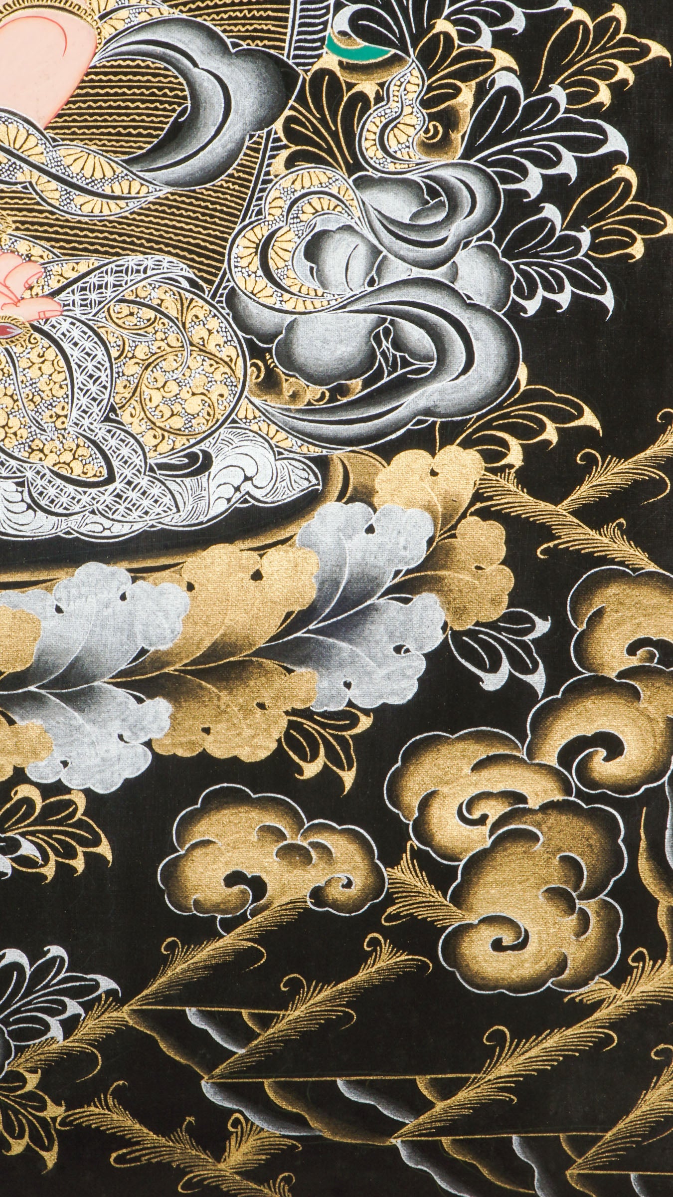 A beautifully hand-painted artwork of Vajrasattva Thangka, the Buddha of compassion seated on a lotus throne holding vajra and bell.