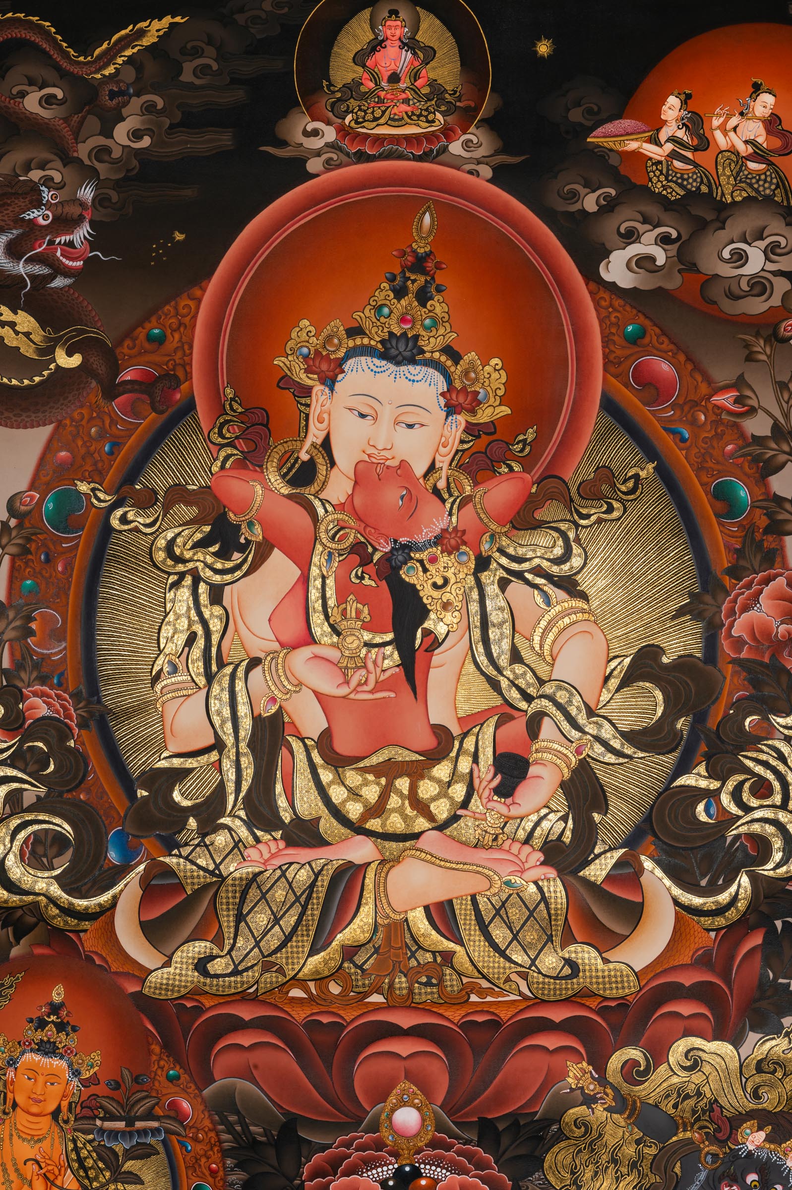 Vajrasattva with consort (Vajrasattva Shakti) Thangka depicting the tantric Buddha of purification seated on a lotus throne, adorned with jeweled ornaments, holding vajra and bell, surrounded by protective deities and symbolic clouds in traditional hand-painted Tibetan Buddhist art.