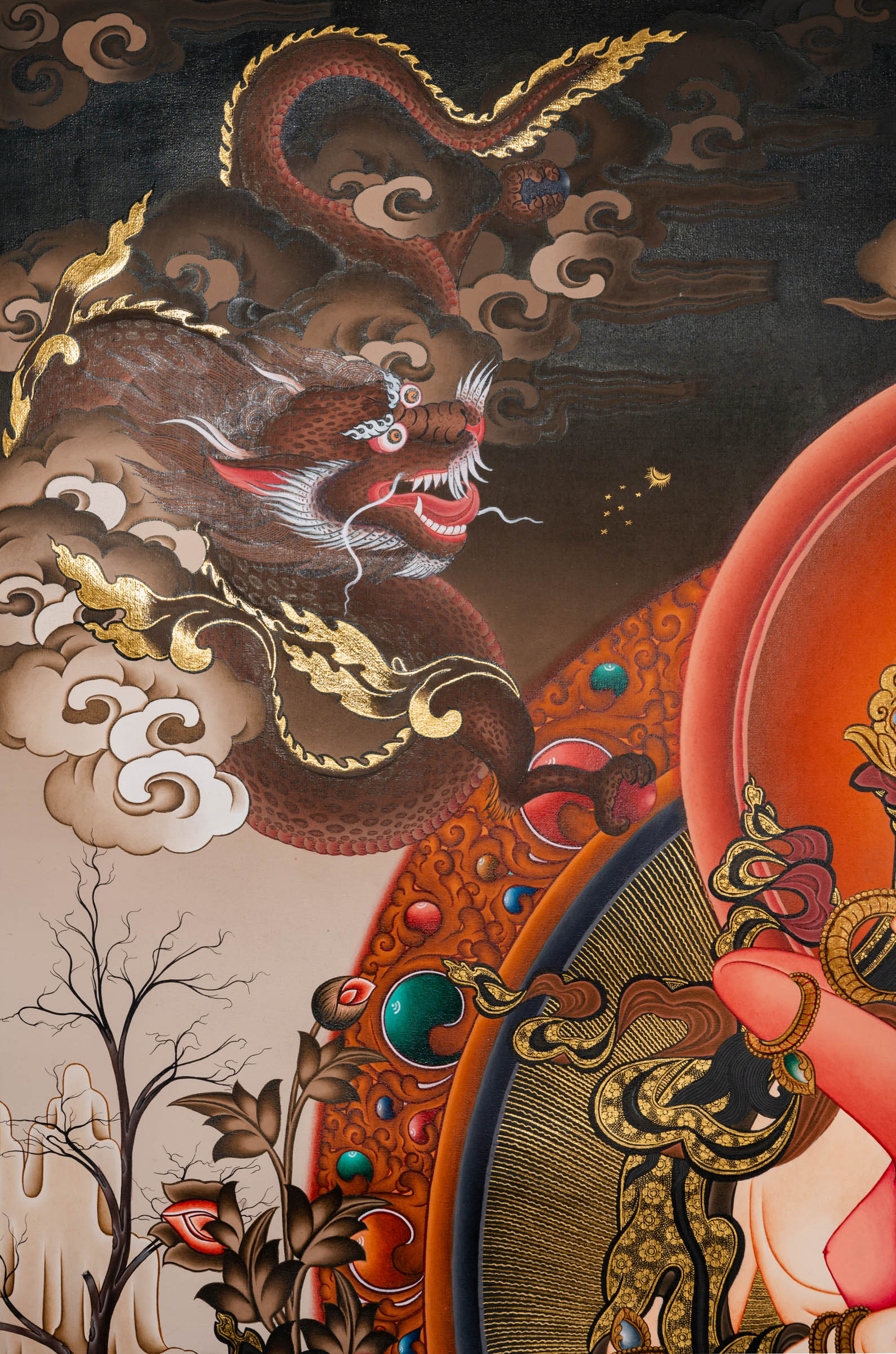 Vajrasattva with consort (Vajrasattva Shakti) Thangka depicting the tantric Buddha of purification seated on a lotus throne, adorned with jeweled ornaments, holding vajra and bell, surrounded by protective deities and symbolic clouds in traditional hand-painted Tibetan Buddhist art.