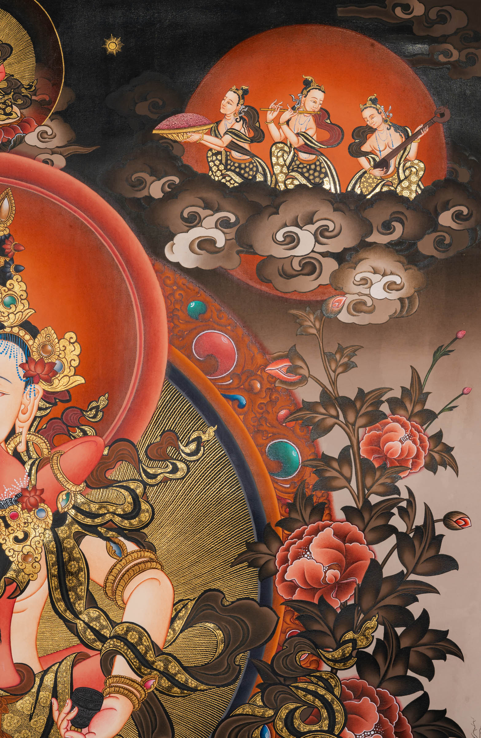 Vajrasattva with consort (Vajrasattva Shakti) Thangka depicting the tantric Buddha of purification seated on a lotus throne, adorned with jeweled ornaments, holding vajra and bell, surrounded by protective deities and symbolic clouds in traditional hand-painted Tibetan Buddhist art.