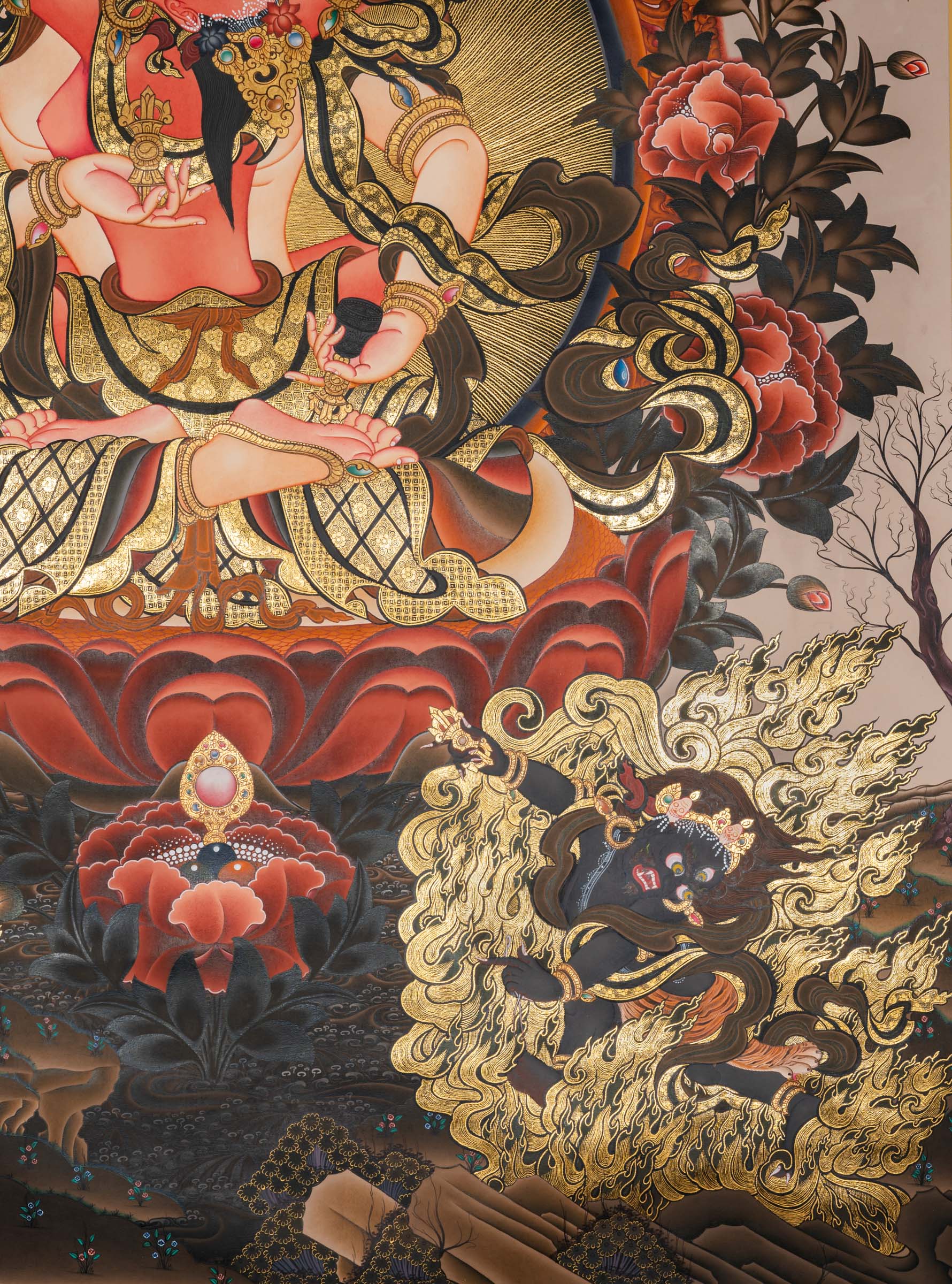 Vajrasattva with consort (Vajrasattva Shakti) Thangka depicting the tantric Buddha of purification seated on a lotus throne, adorned with jeweled ornaments, holding vajra and bell, surrounded by protective deities and symbolic clouds in traditional hand-painted Tibetan Buddhist art.