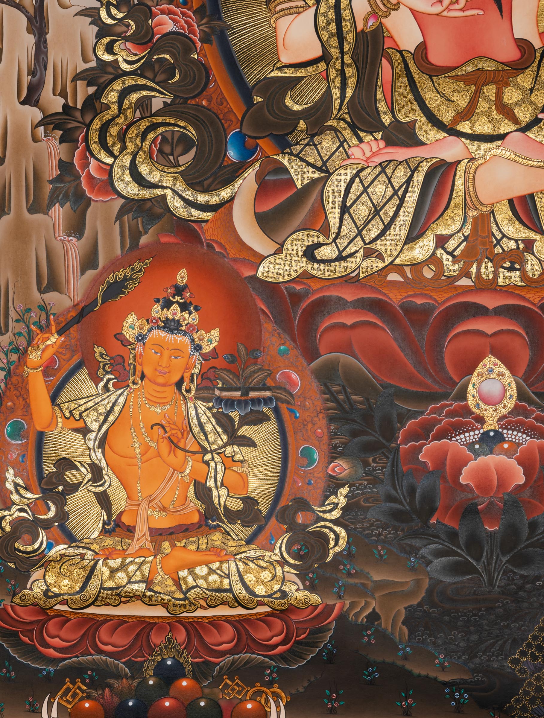 Vajrasattva with consort (Vajrasattva Shakti) Thangka depicting the tantric Buddha of purification seated on a lotus throne, adorned with jeweled ornaments, holding vajra and bell, surrounded by protective deities and symbolic clouds in traditional hand-painted Tibetan Buddhist art.