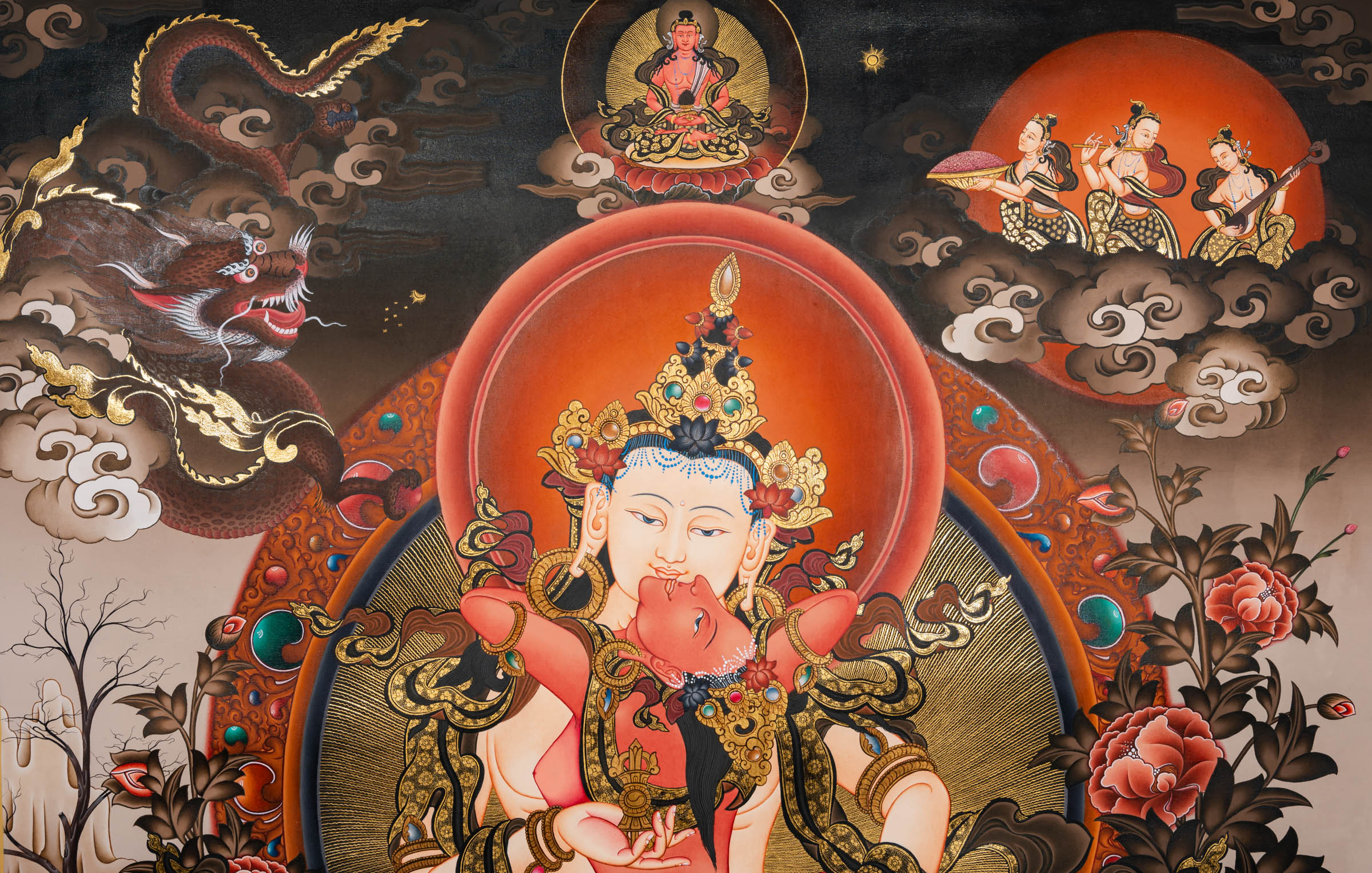 Vajrasattva with consort (Vajrasattva Shakti) Thangka depicting the tantric Buddha of purification seated on a lotus throne, adorned with jeweled ornaments, holding vajra and bell, surrounded by protective deities and symbolic clouds in traditional hand-painted Tibetan Buddhist art.