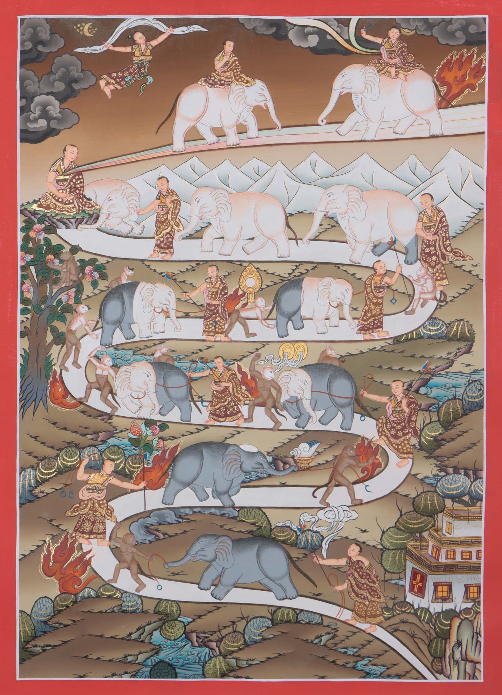 Way to heaven thangka - a sacred art representing the Nine Stages of Meditation or the Path to Enlightenment