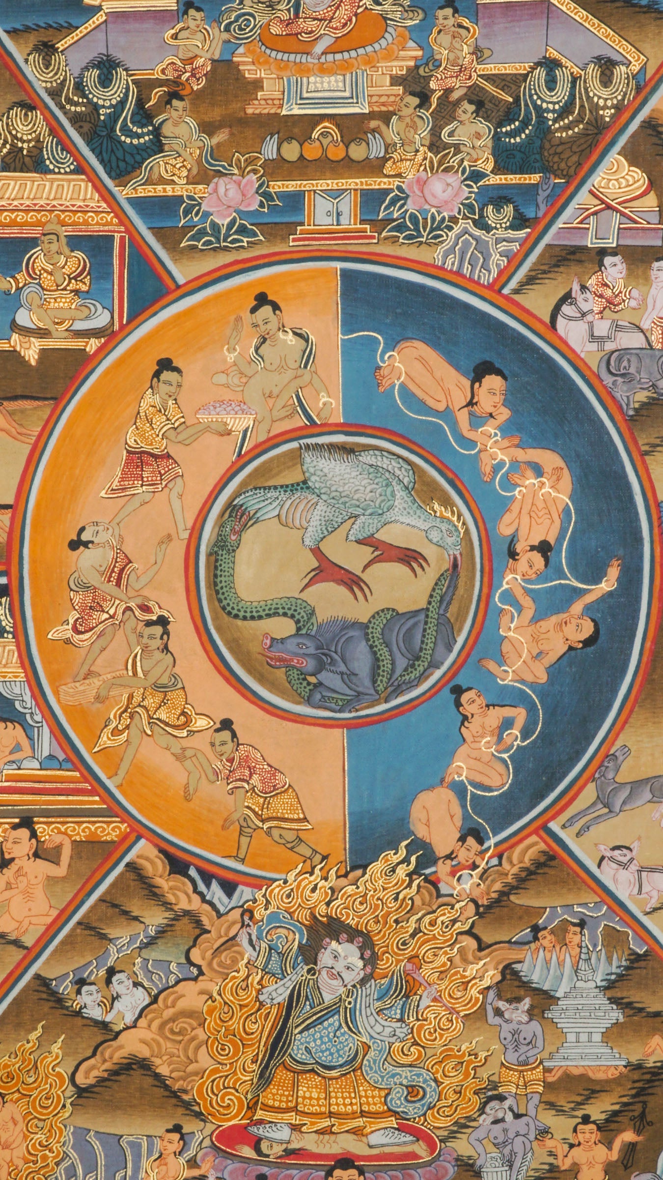 This Tibetan Wheel of Life Thangka, also known as Bhavachakra, illustrates the cycle of samsara and the path to enlightenment through vivid, symbolic detail. Hand-painted with natural mineral pigments, it serves as a powerful Buddhist teaching tool and a striking spiritual centerpiece.