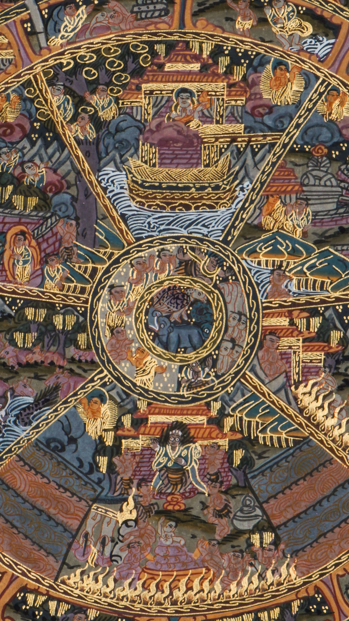 Detailed thangka-style painting showing a large circular wheel divided into multiple sections filled with small human figures, animals, buildings, and landscape scenes, surrounded by concentric decorative rings and held by a large blue multi-eyed figure with extended arms, set against a dark background with clouds, flames, and ornate gold, red, and blue patterns.