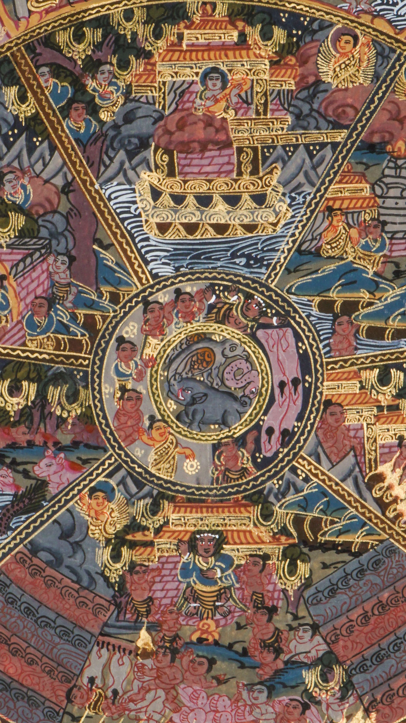 Detailed thangka-style painting showing a large circular wheel divided into multiple sections filled with small human figures, animals, buildings, and landscape scenes, surrounded by concentric decorative rings and held by a large blue multi-eyed figure with extended arms, set against a dark background with clouds, flames, and ornate gold, red, and blue patterns.
