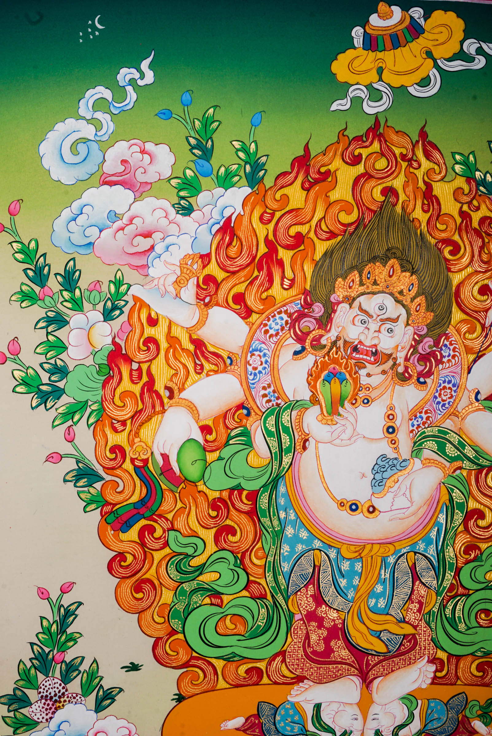 White Mahakala Thangka - a sacred hand-painted art of 6-armed White Mahakala standing on two elephant.