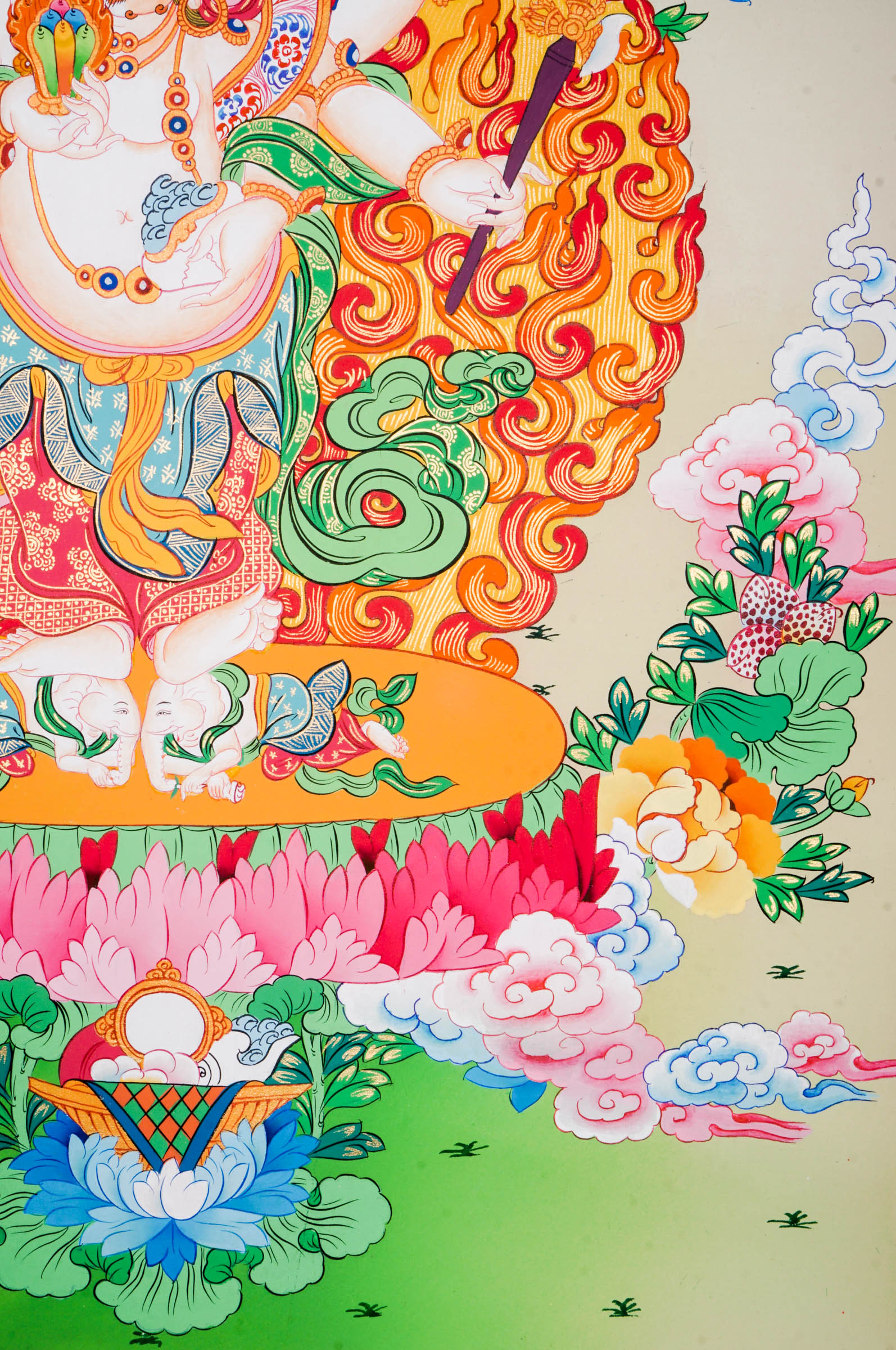 White Mahakala Thangka - a sacred hand-painted art of 6-armed White Mahakala standing on two elephant.