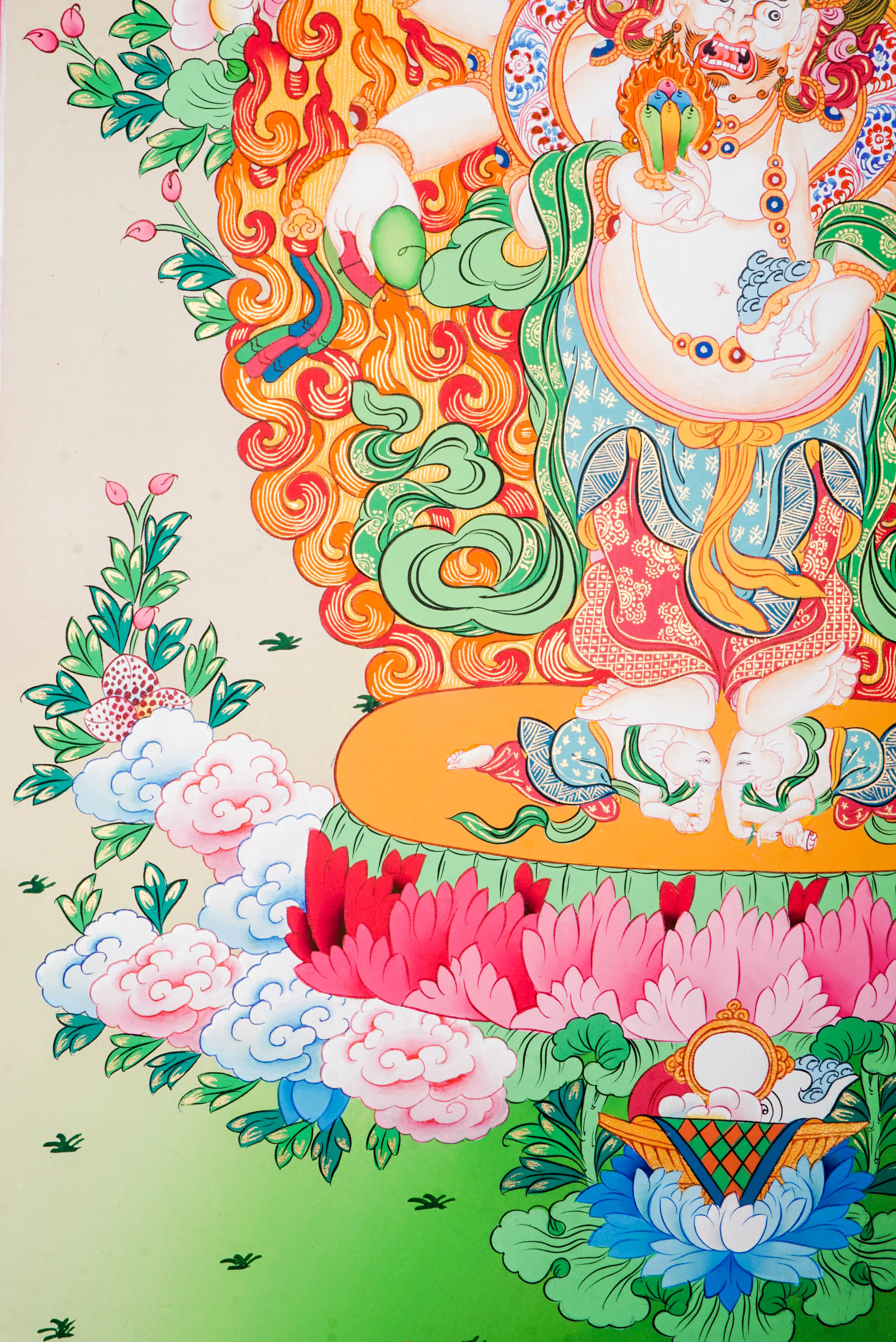 White Mahakala Thangka - a sacred hand-painted art of 6-armed White Mahakala standing on two elephant.