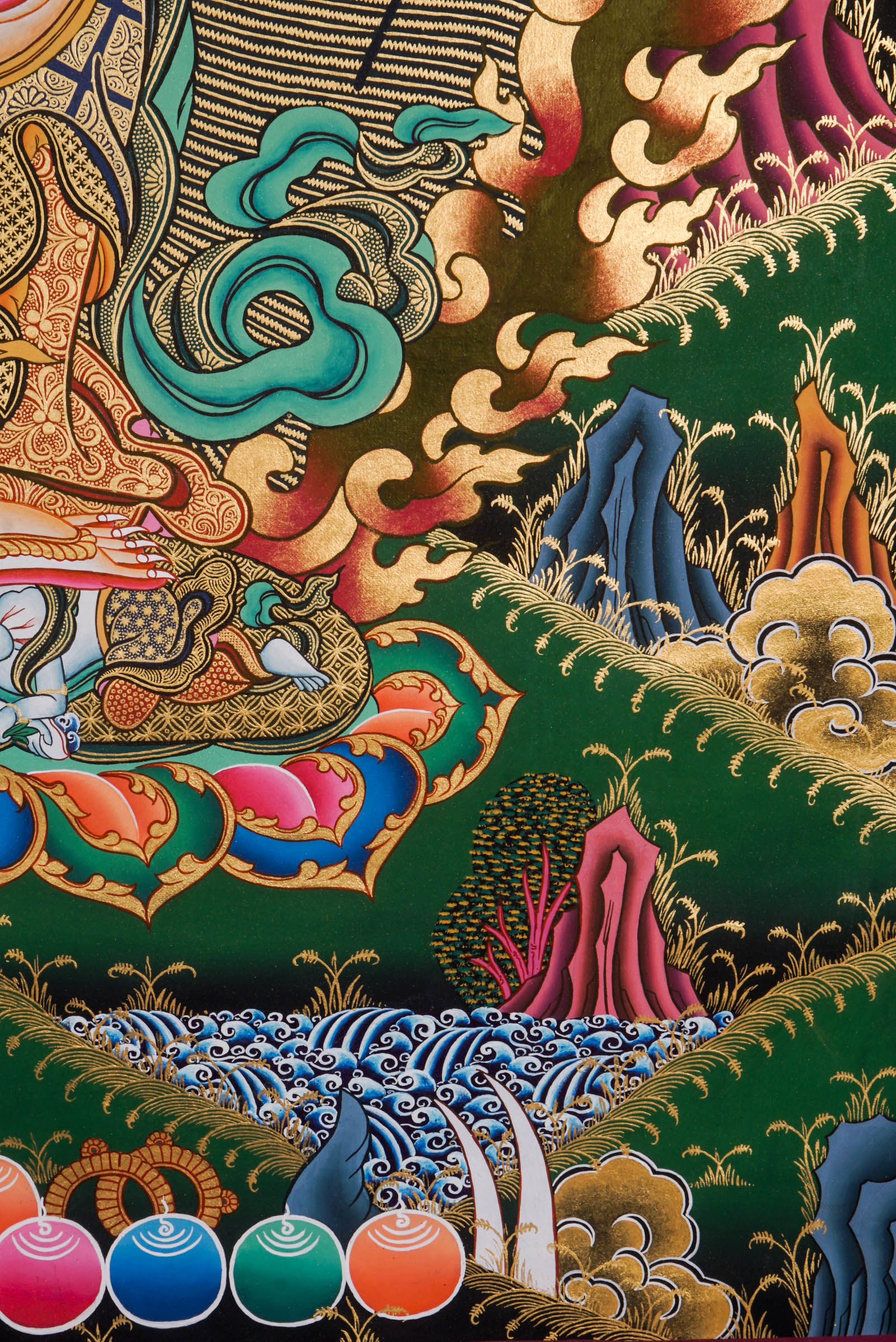 A sacred hand-painted art with 24k gold and natural pigments of a fierce protector form of the Buddha of compassion.