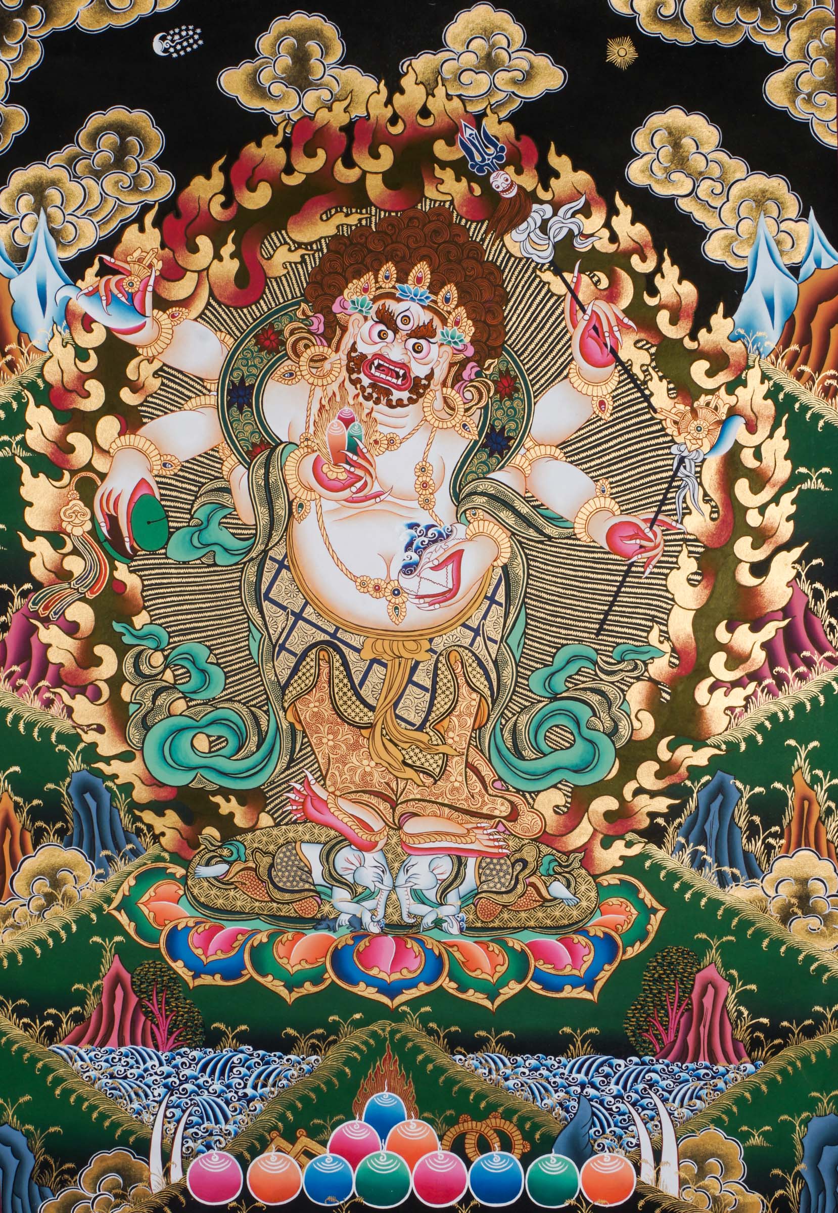 A sacred hand-painted art with 24k gold and natural pigments of a fierce protector form of the Buddha of compassion.