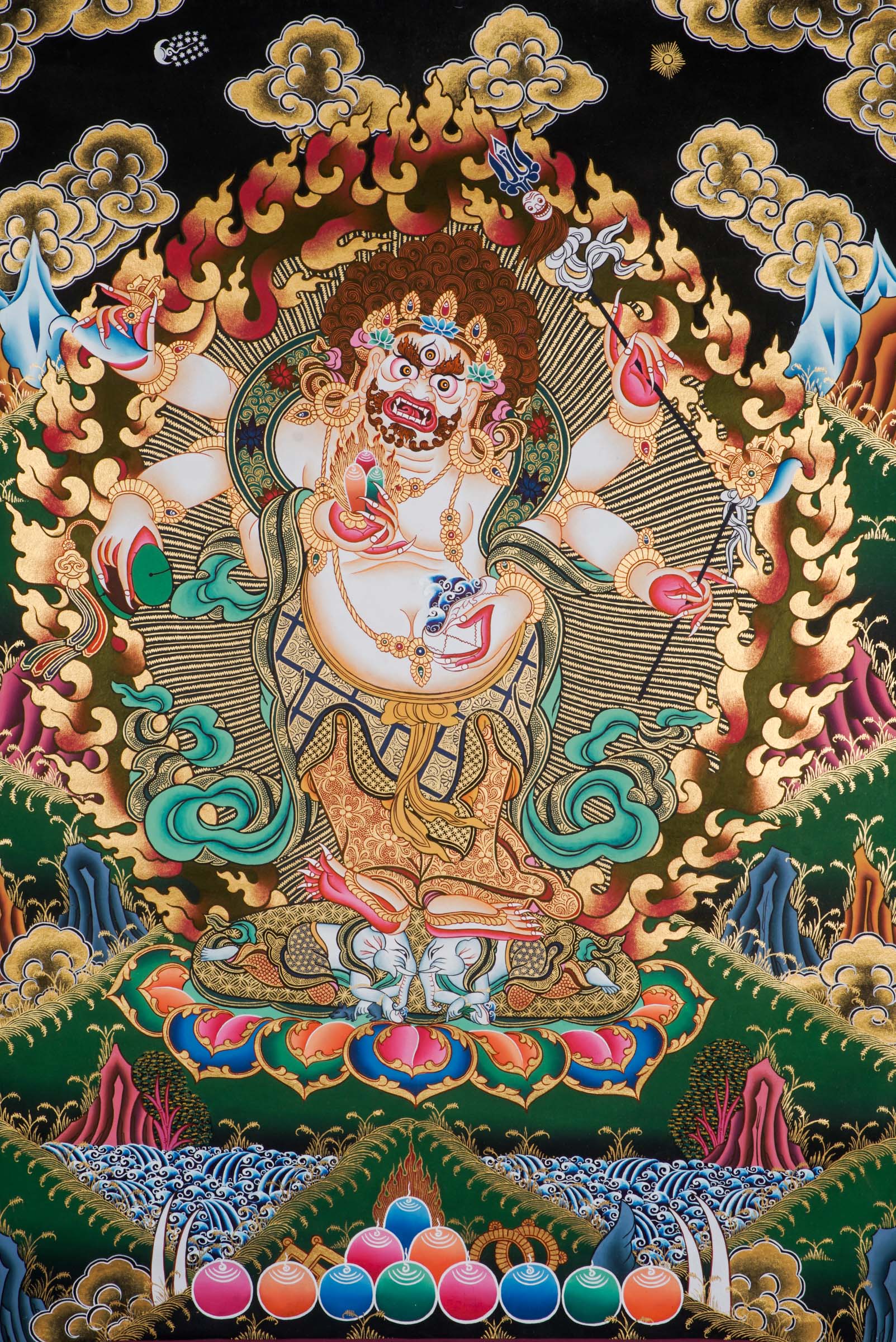 A sacred hand-painted art with 24k gold and natural pigments of a fierce protector form of the Buddha of compassion.