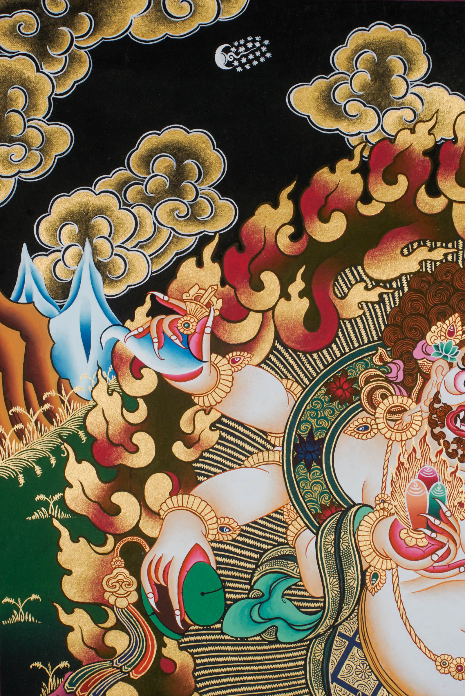 A sacred hand-painted art with 24k gold and natural pigments of a fierce protector form of the Buddha of compassion.