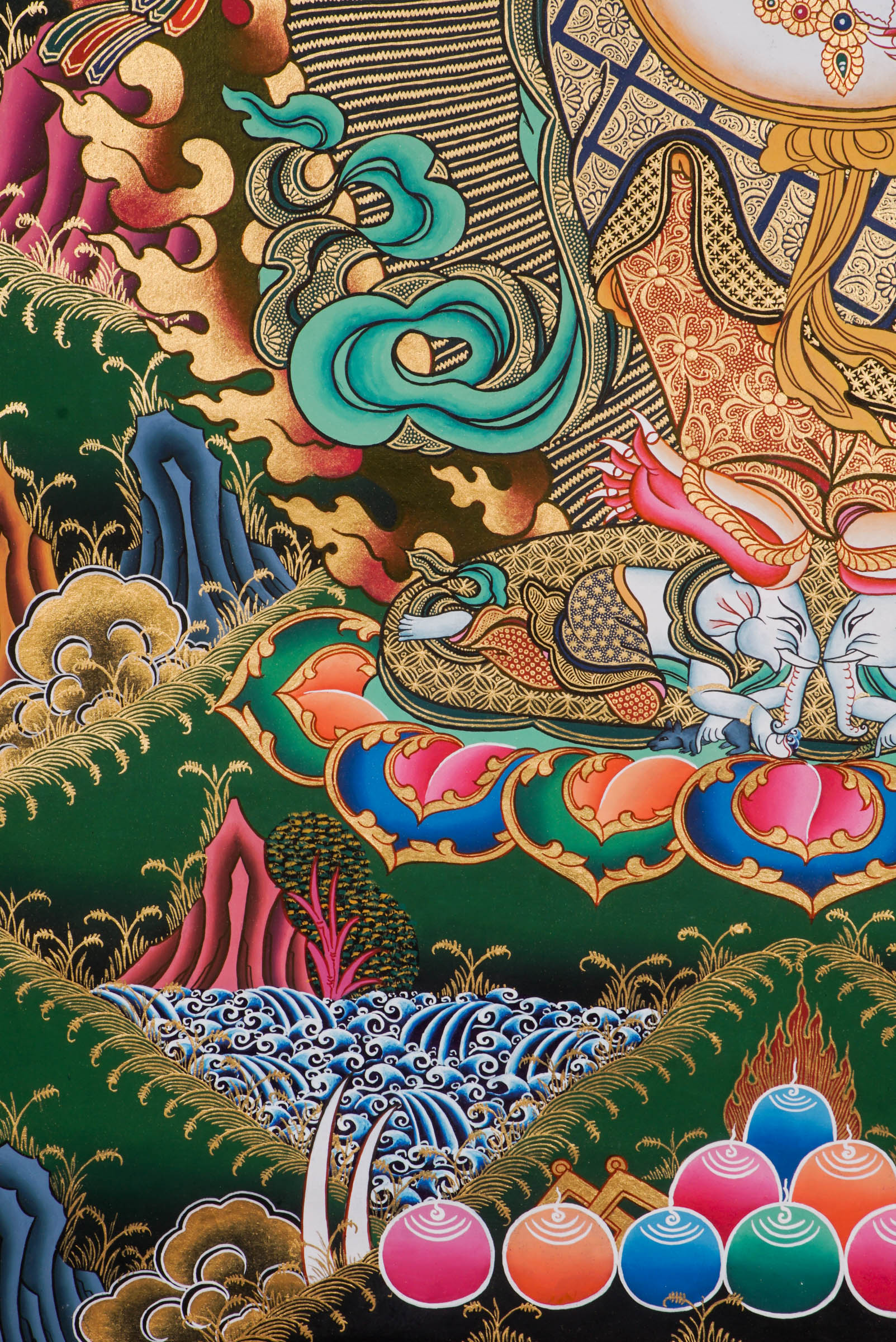 A sacred hand-painted art with 24k gold and natural pigments of a fierce protector form of the Buddha of compassion.
