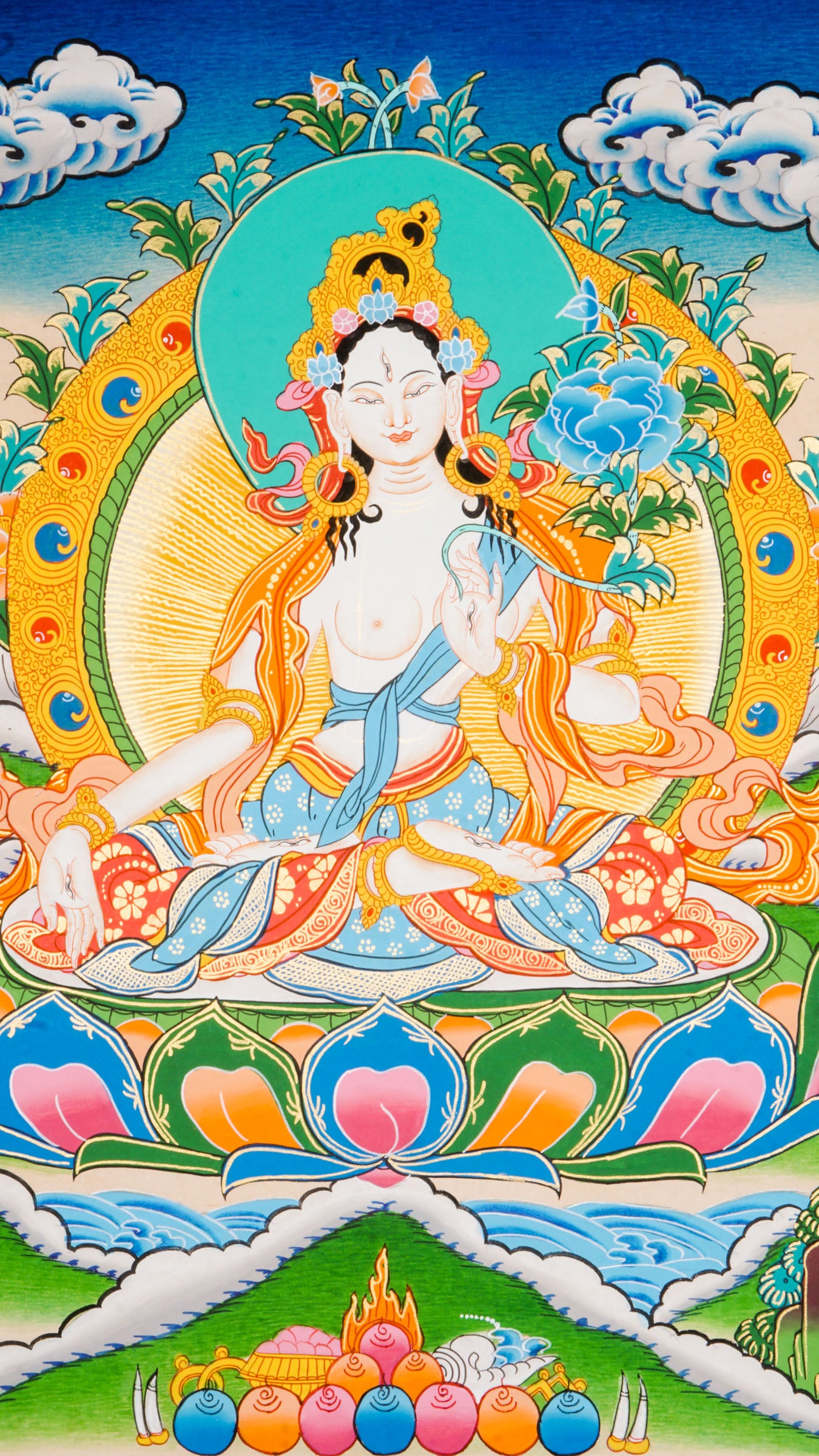 Beautiful hand-painted thangka art portraying White Tara, the bodhisattva of compassion with 24k gold and natural pigments.