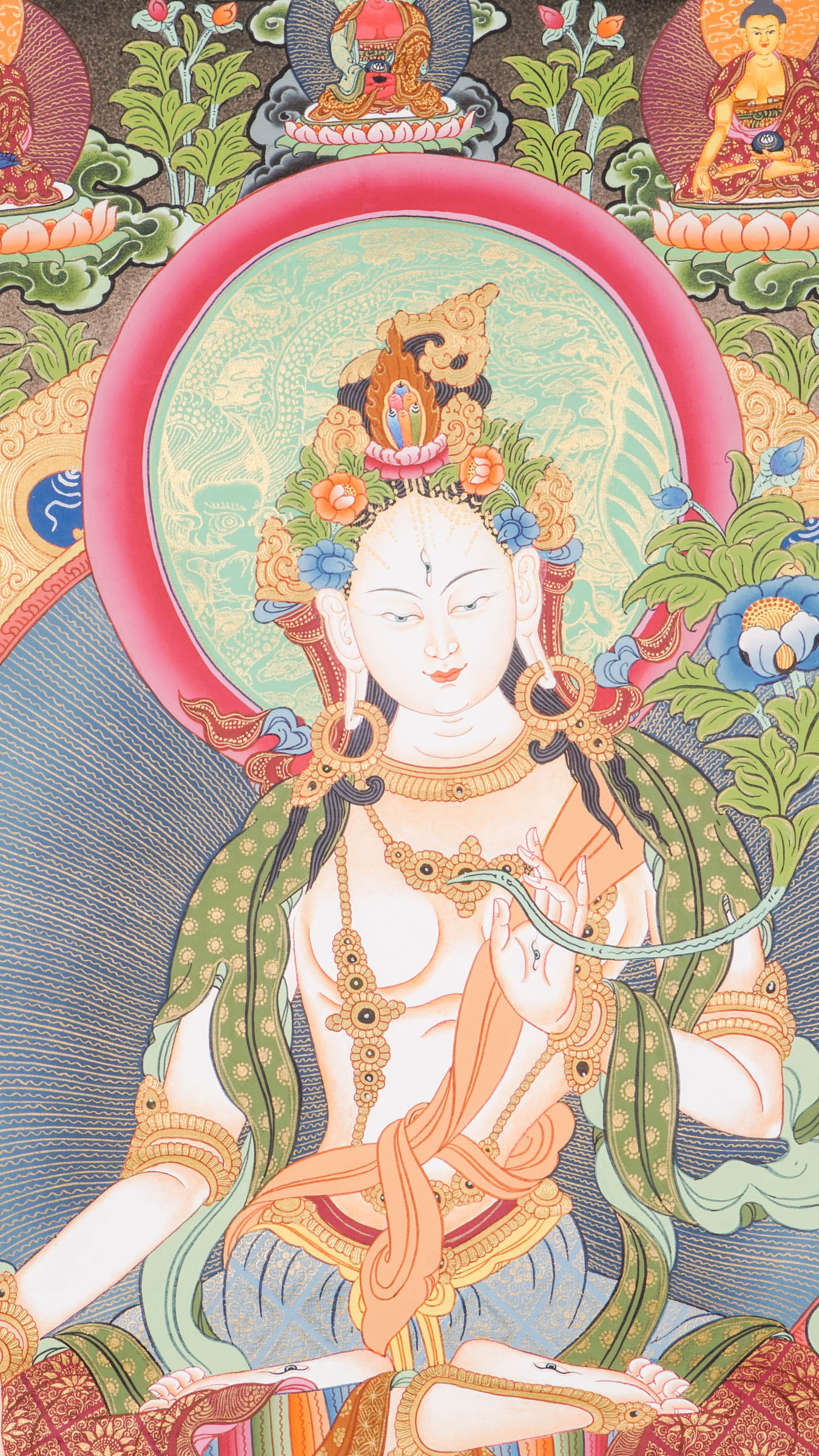 Exclusive Thangka painting of White Tara shown seated on a lotus throne, a symbol of purity and awakening.