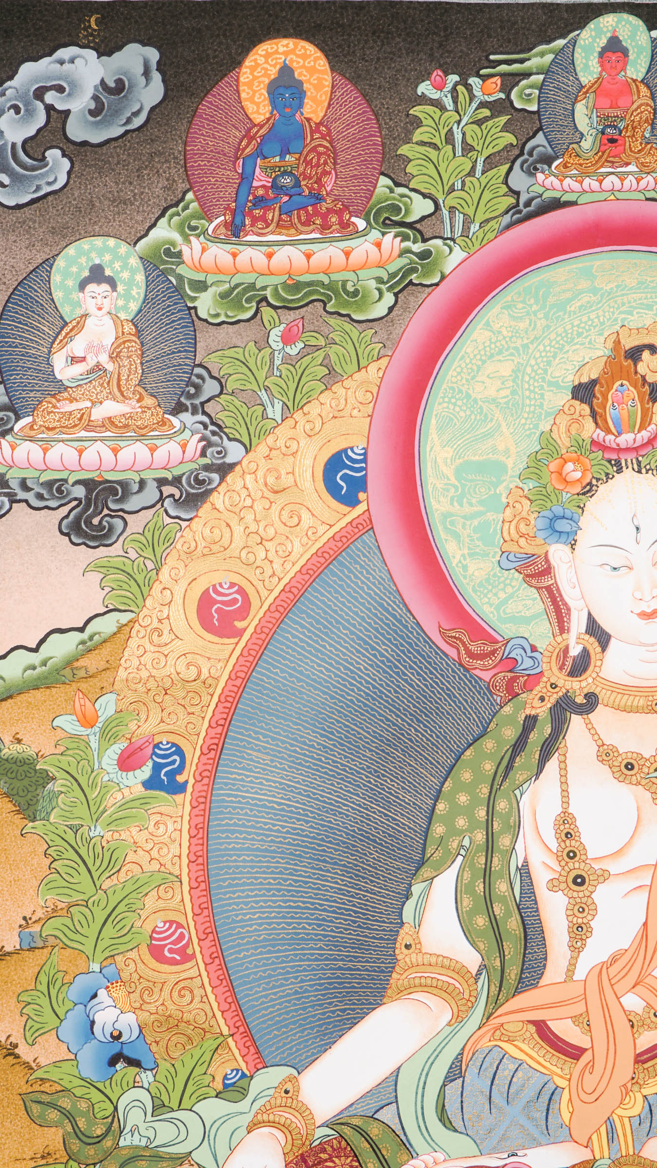 Exclusive Thangka painting of White Tara shown seated on a lotus throne, a symbol of purity and awakening.
