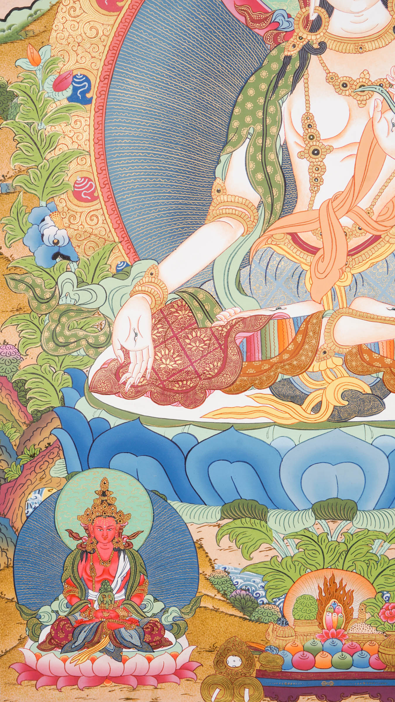 Exclusive Thangka painting of White Tara shown seated on a lotus throne, a symbol of purity and awakening.