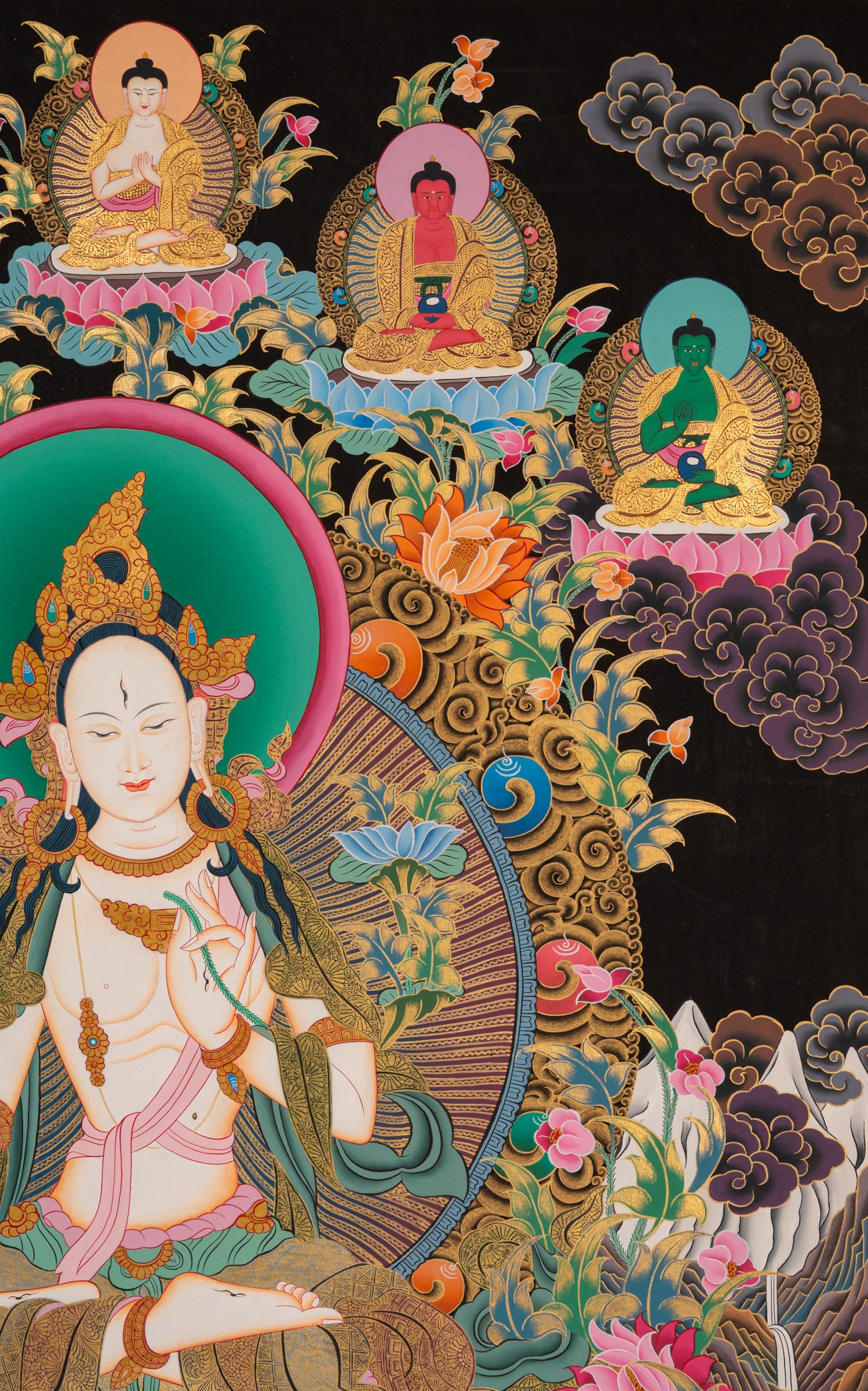 White Tara Thangka - a colorful depiction of a central figure with ornate surroundings