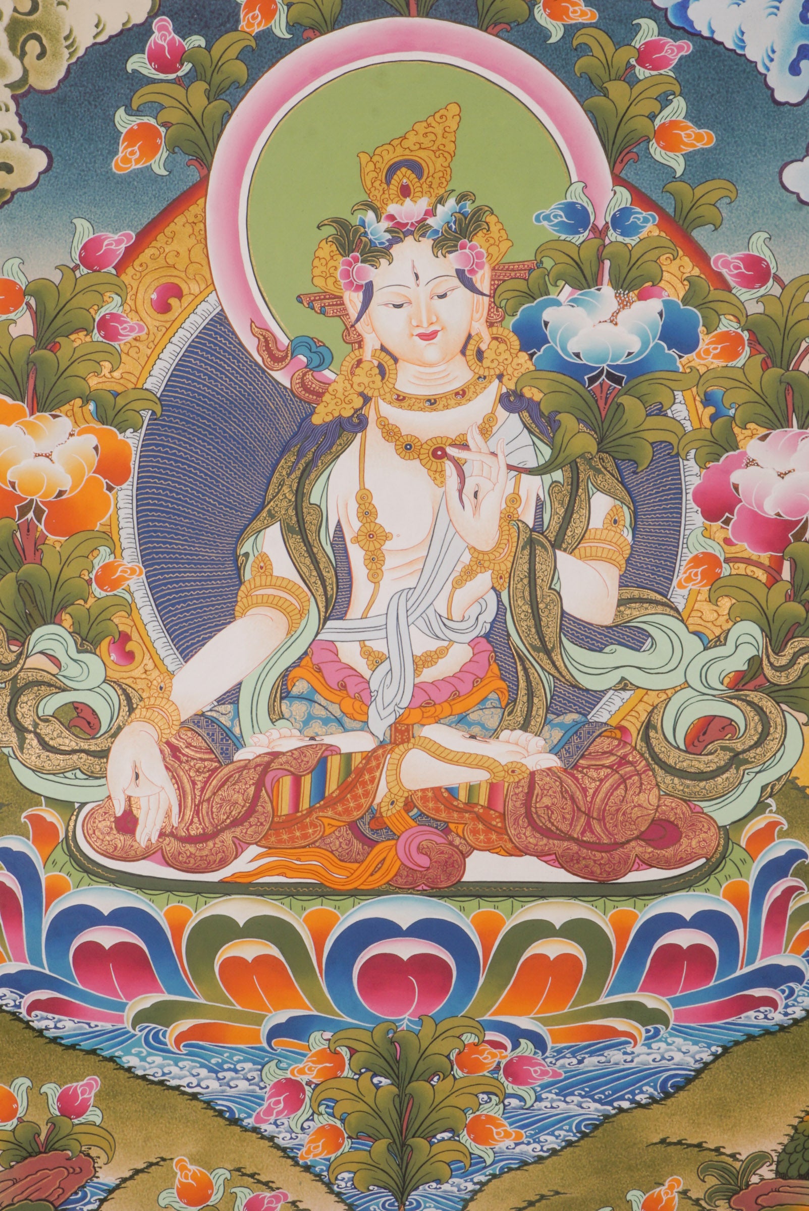 This authentic White Tara Thangka is a sacred symbol of healing, compassion, and longevity, hand-painted on genuine canvas using traditional mineral pigments. Its serene presence brings blessings and protection, making it a meaningful addition to any spiritual space or a heartfelt gift for seekers.